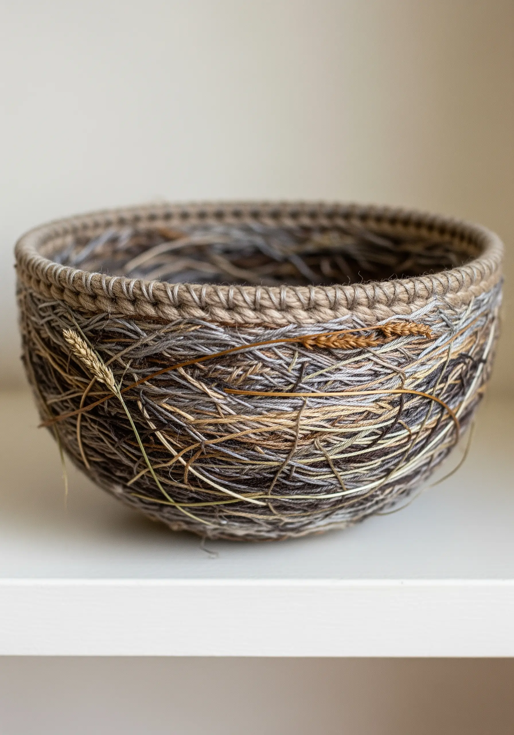 A coiled rope basket woven with neutral-toned threads and incorporating pieces of dried grass.