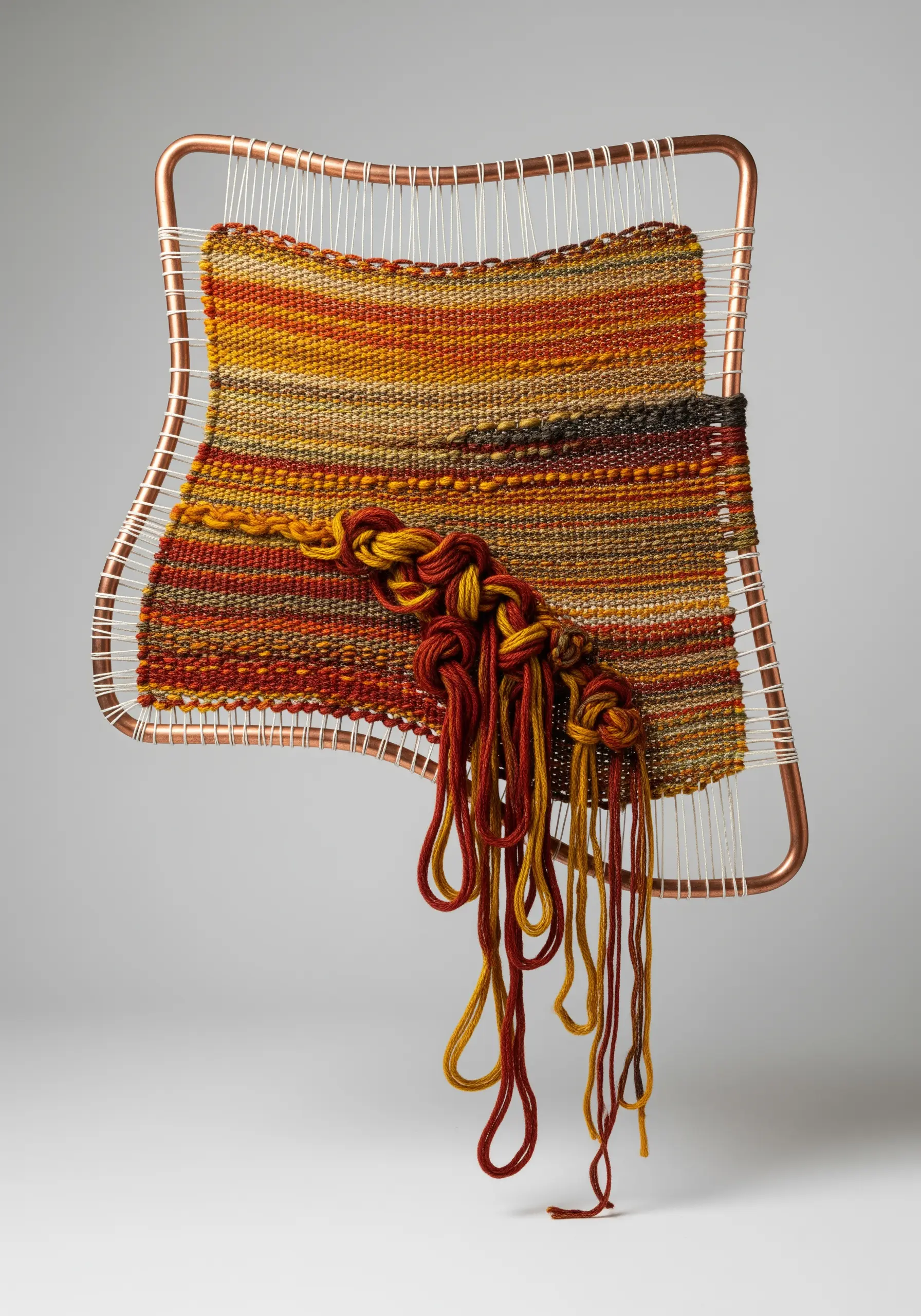 A freeform weaving in warm earth tones on a custom-made, curved copper pipe loom.
