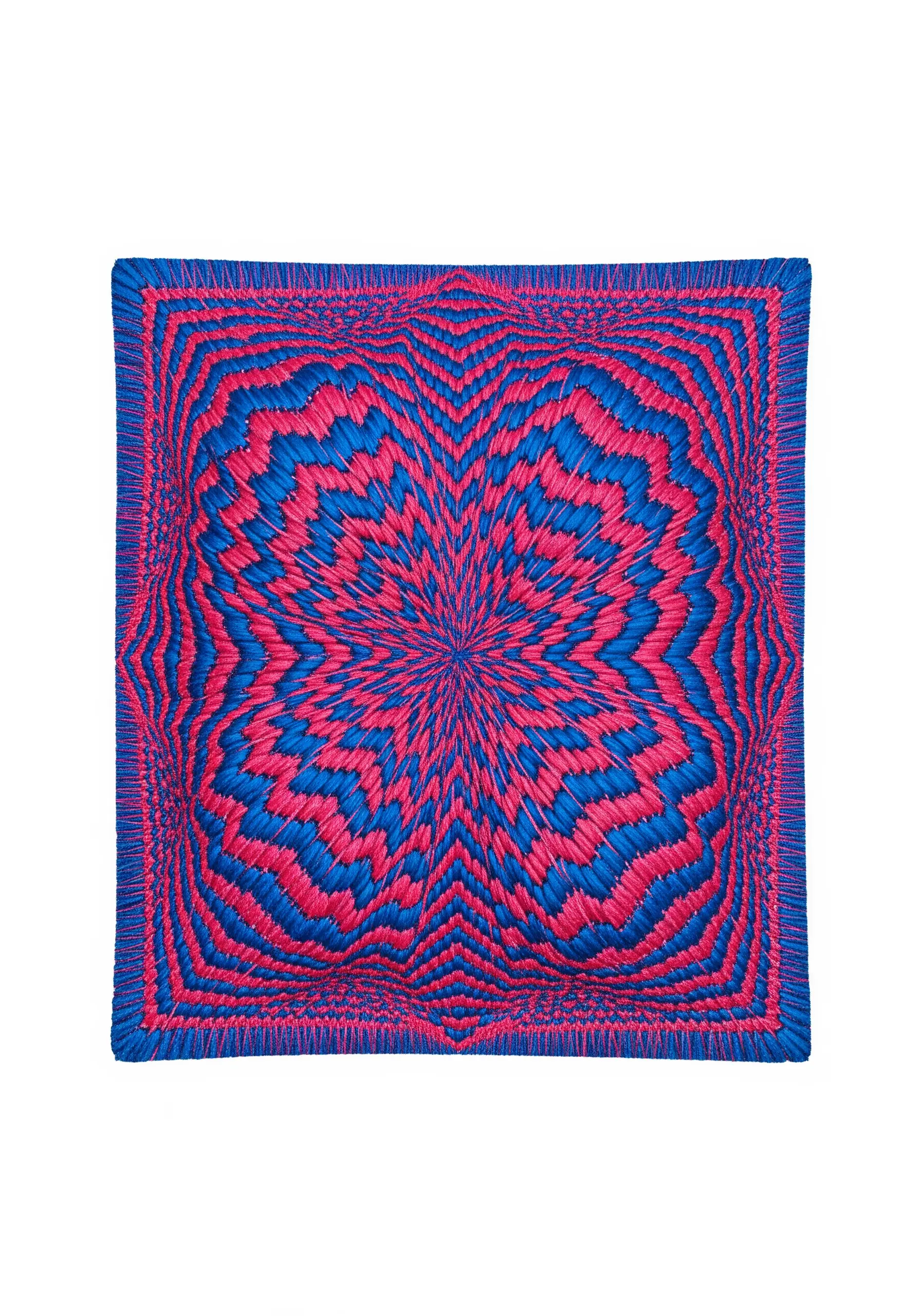 An optical illusion embroidered in hot pink and electric blue thread, creating a warped effect