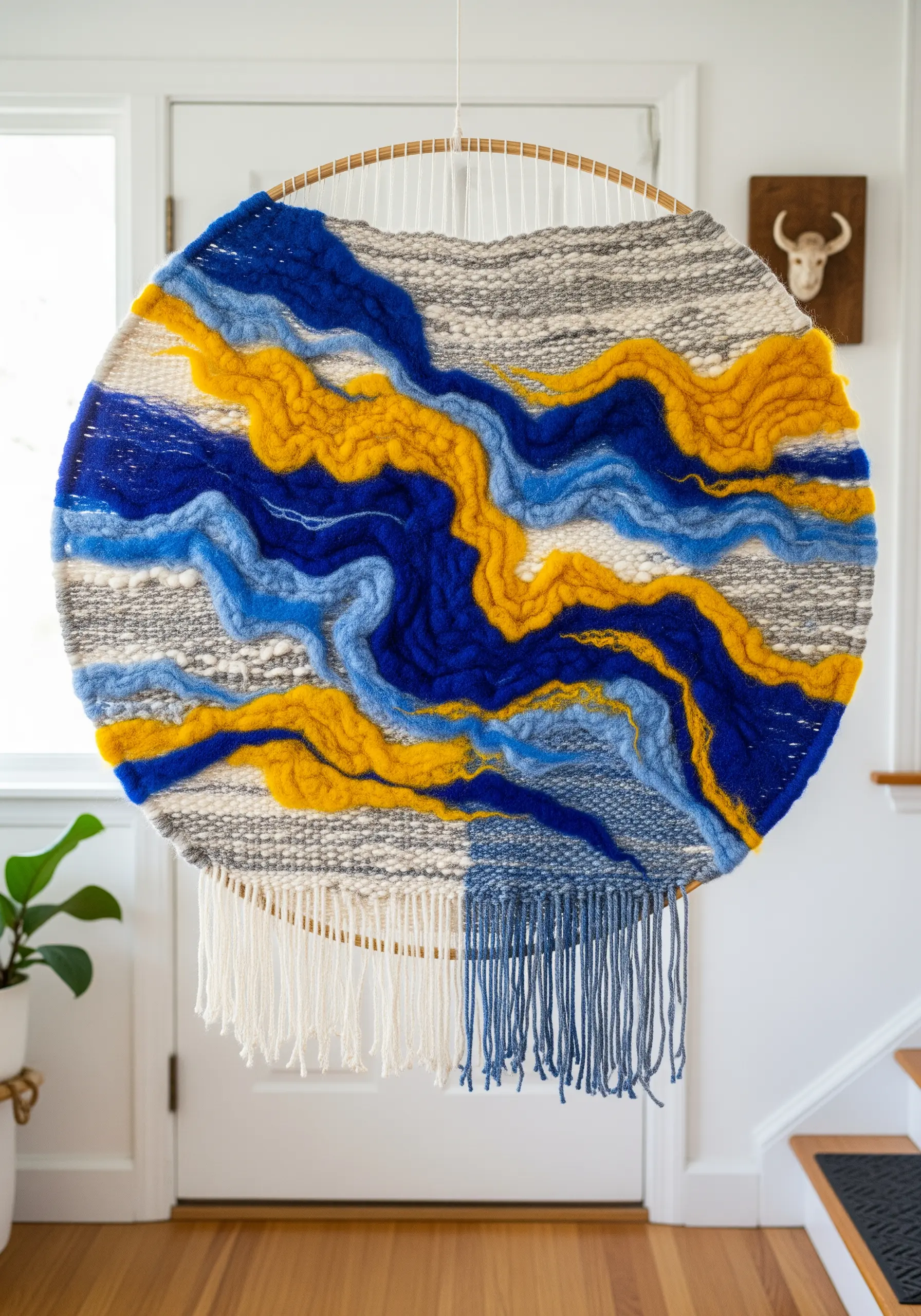 A circular woven wall hanging with abstract waves of blue, yellow, and grey wool roving.