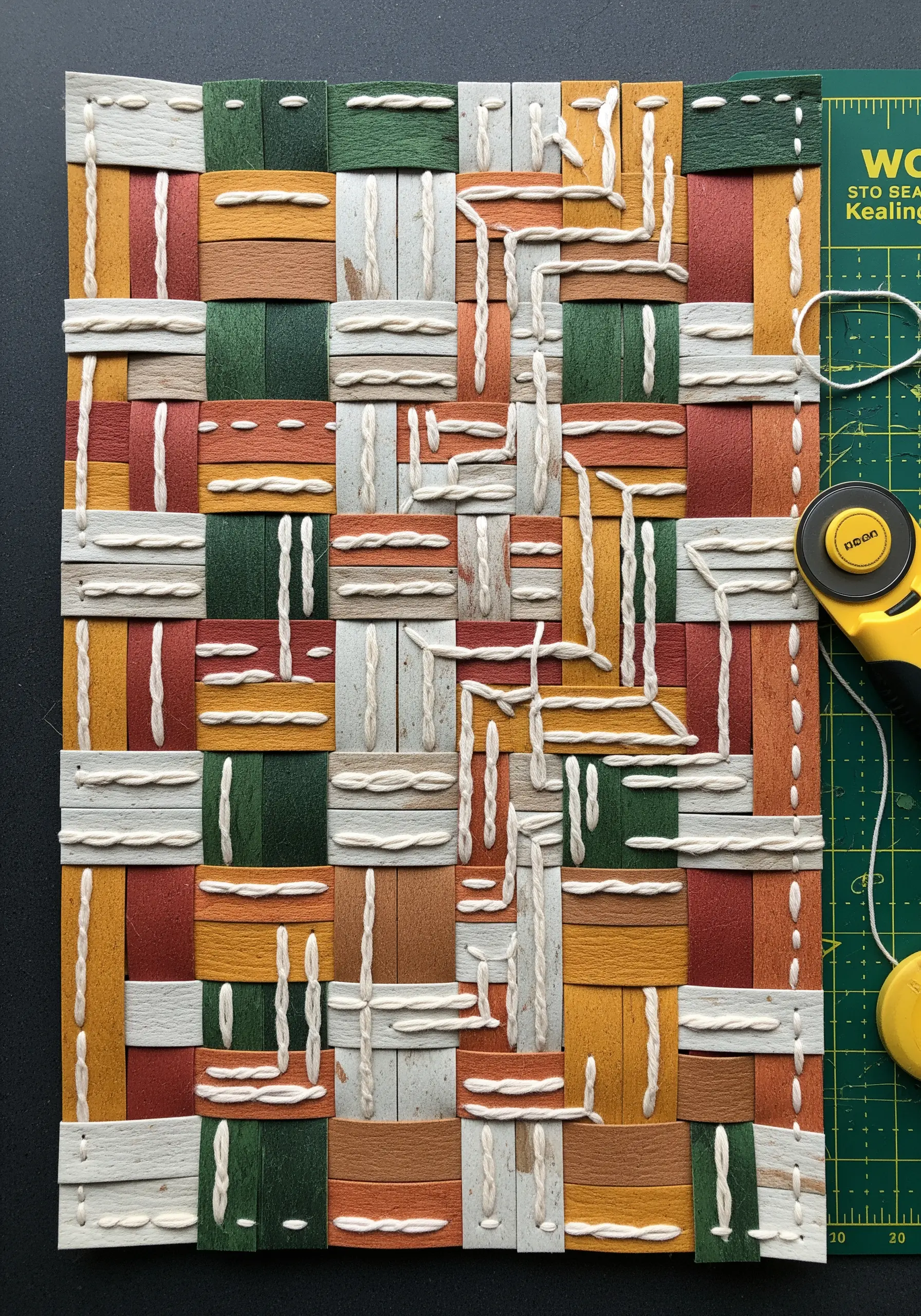 Woven strips of colored paper on a cutting mat, with thick white yarn stitched over the top.