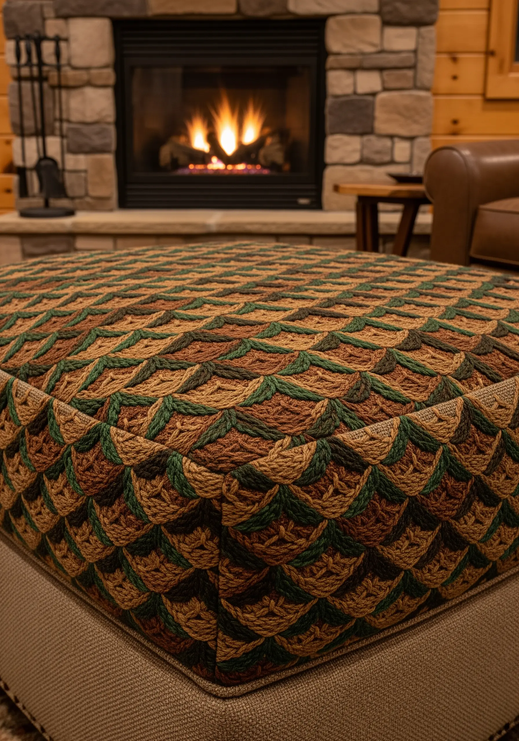 A close-up of a woven, textured ottoman top with a green and brown scale-like pattern.