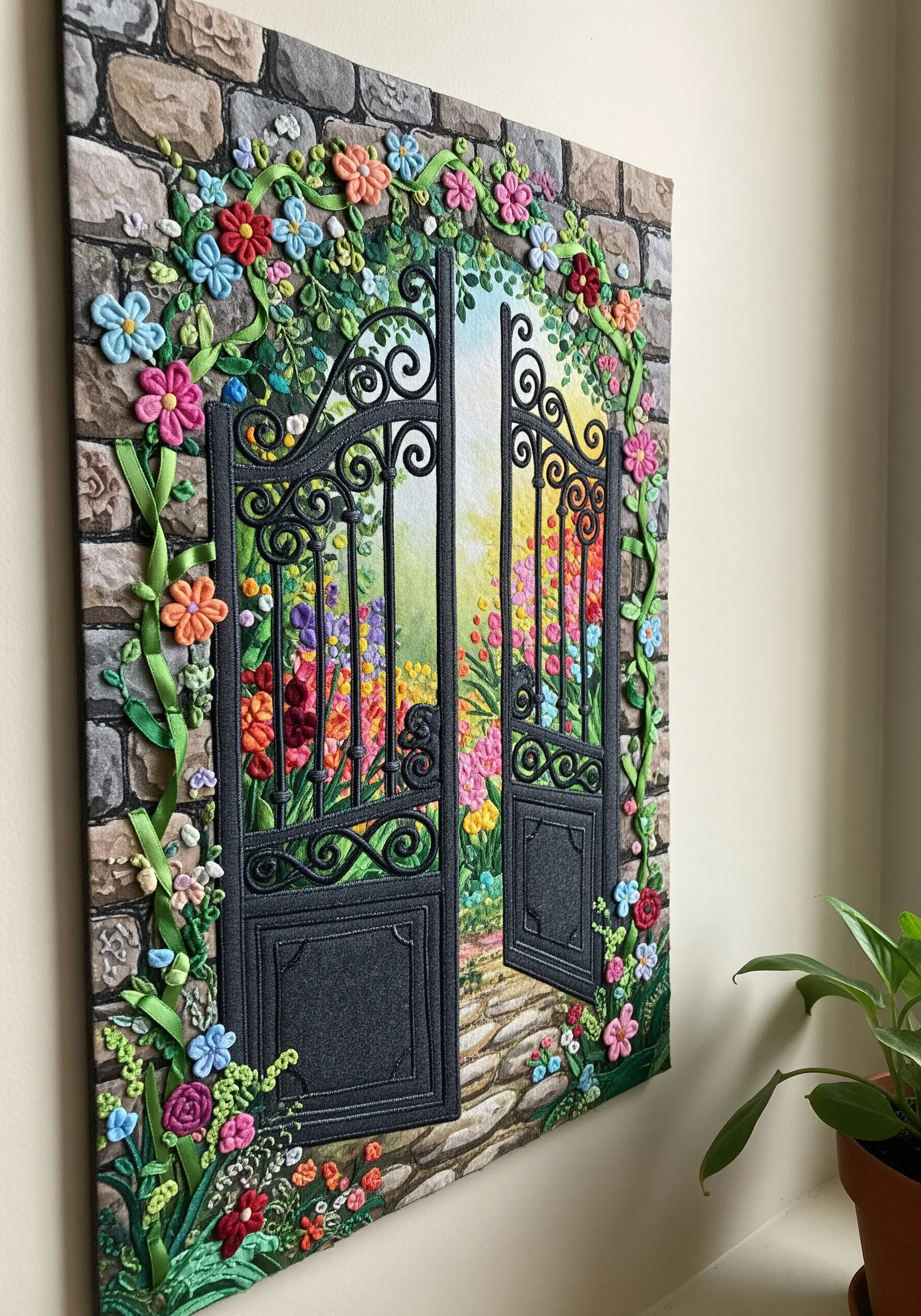 A fabric collage of a garden gate adorned with dimensional ribbon embroidery flowers