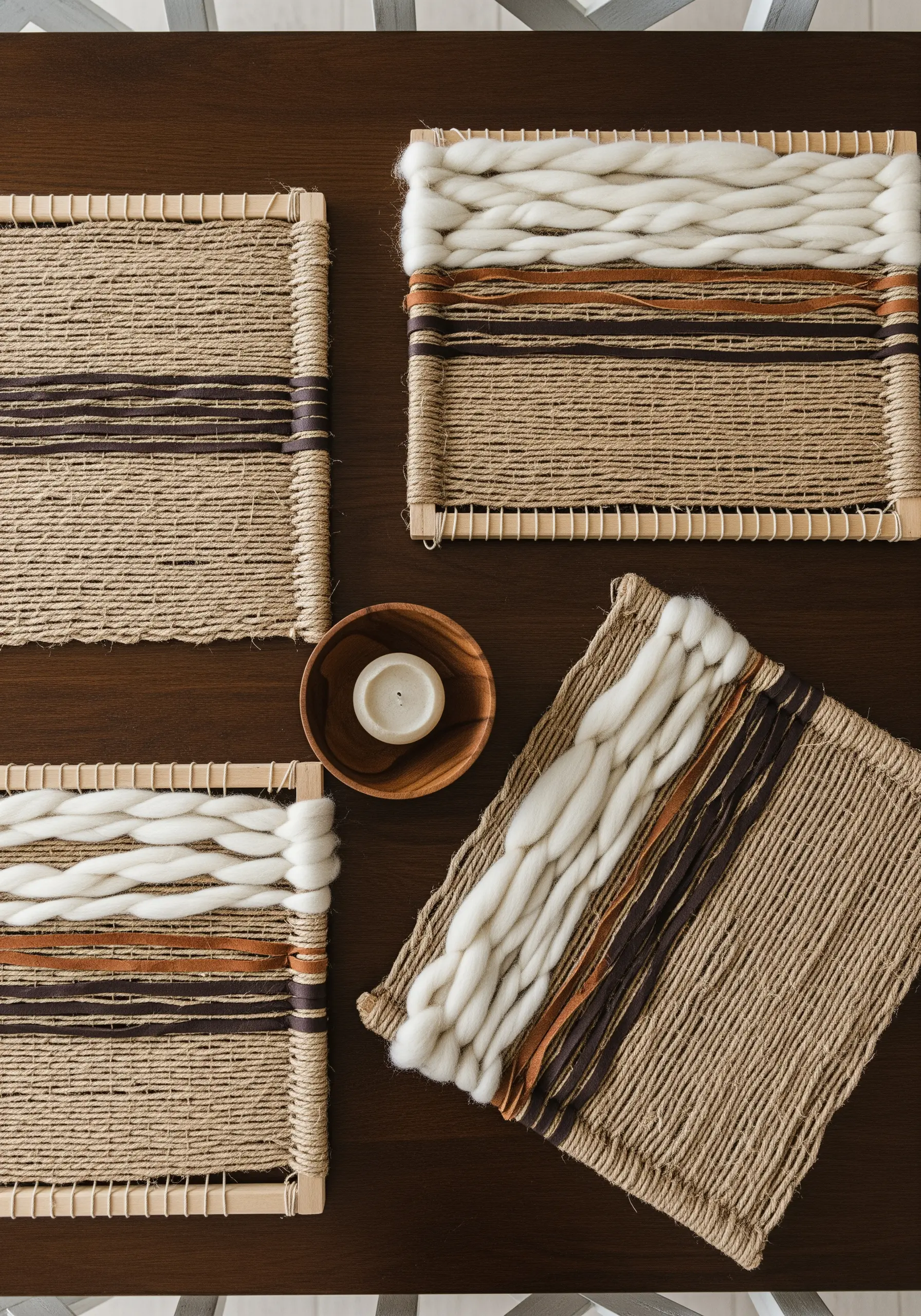 Four rustic woven placemats on a dark wood table, featuring jute and chunky cream wool roving.