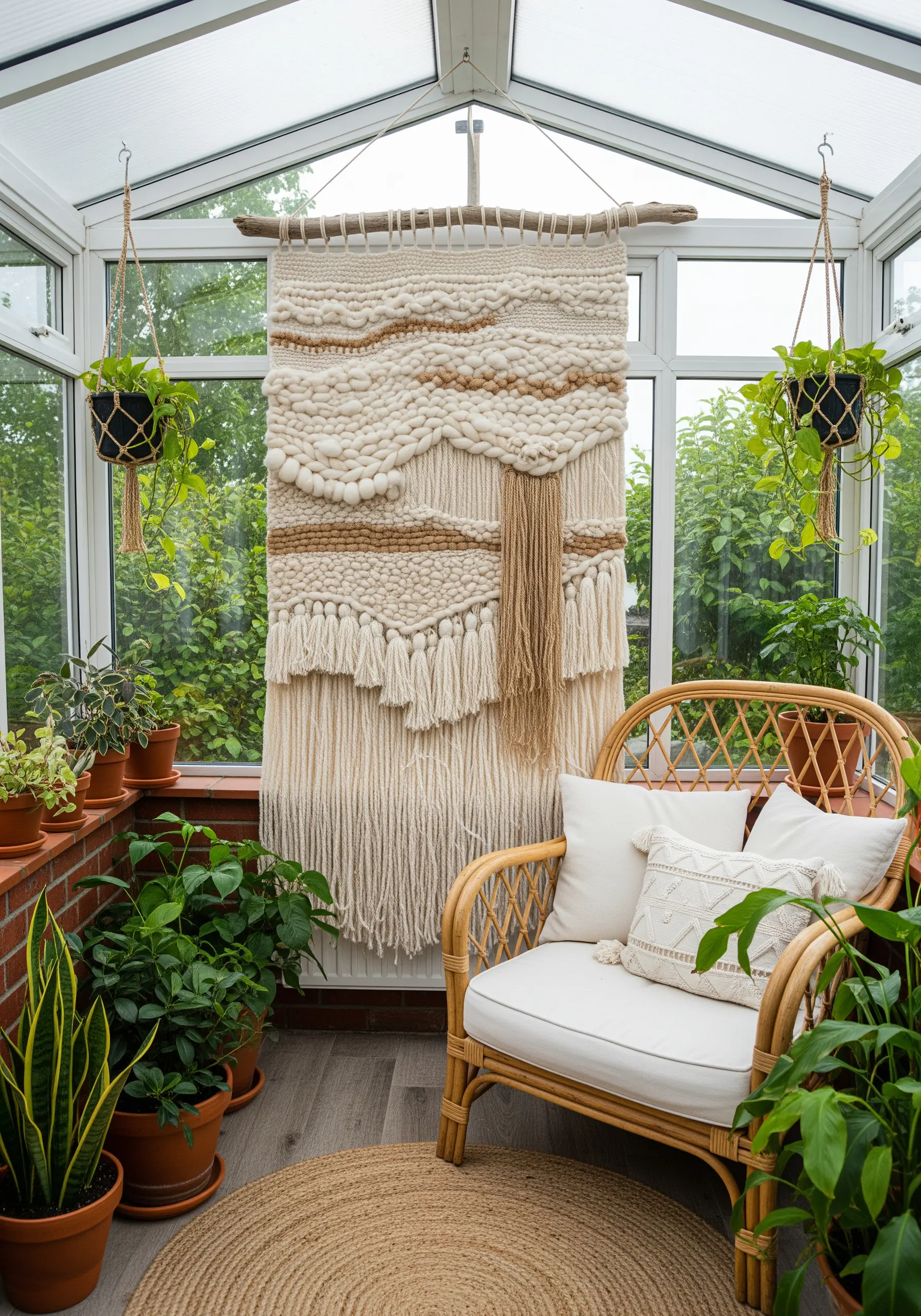 Large woven wall hanging with chunky yarns, tassels, and high-relief textures in sand and cream.