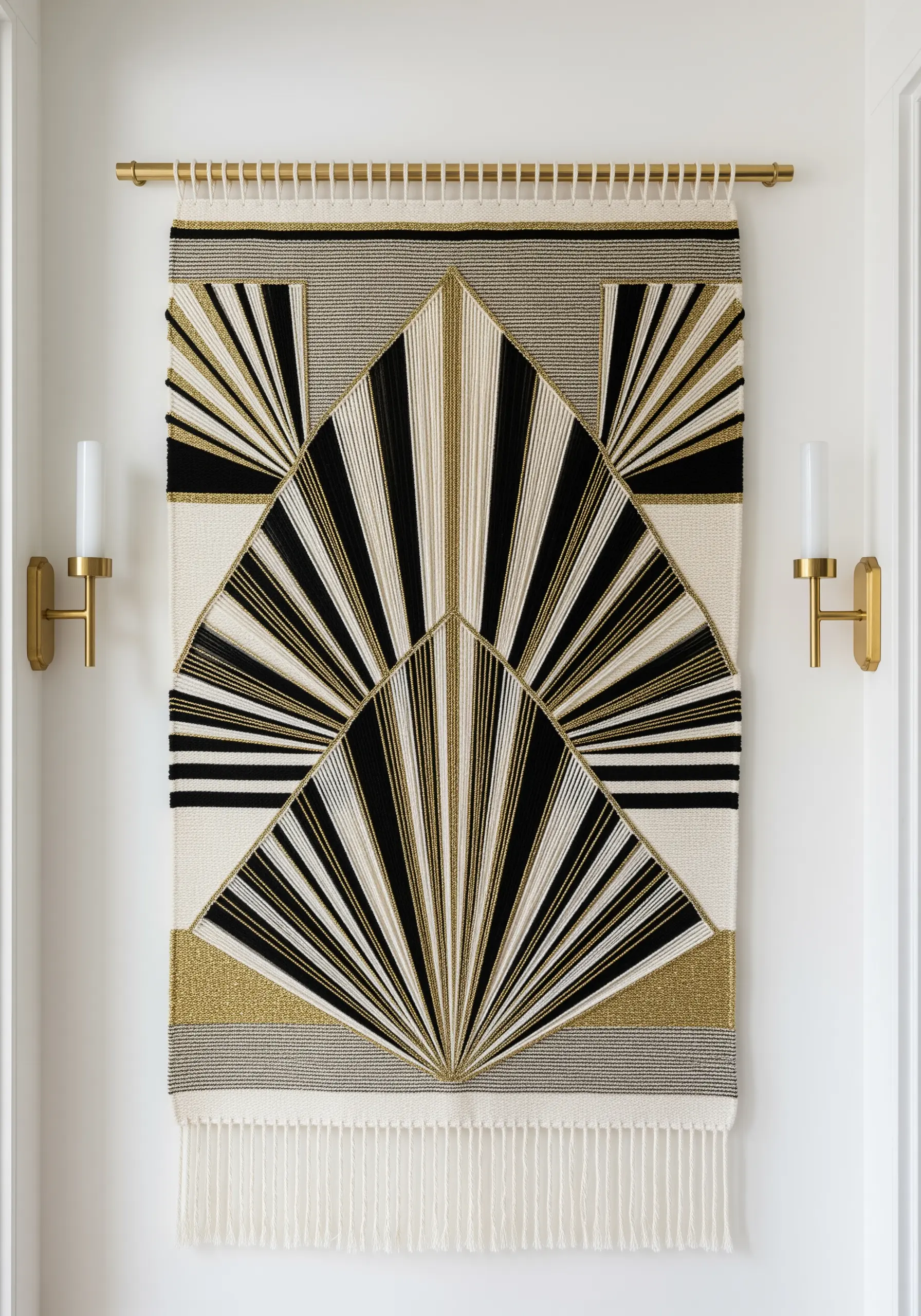 An Art Deco-inspired woven wall hanging with black, white, and gold geometric fan shapes.