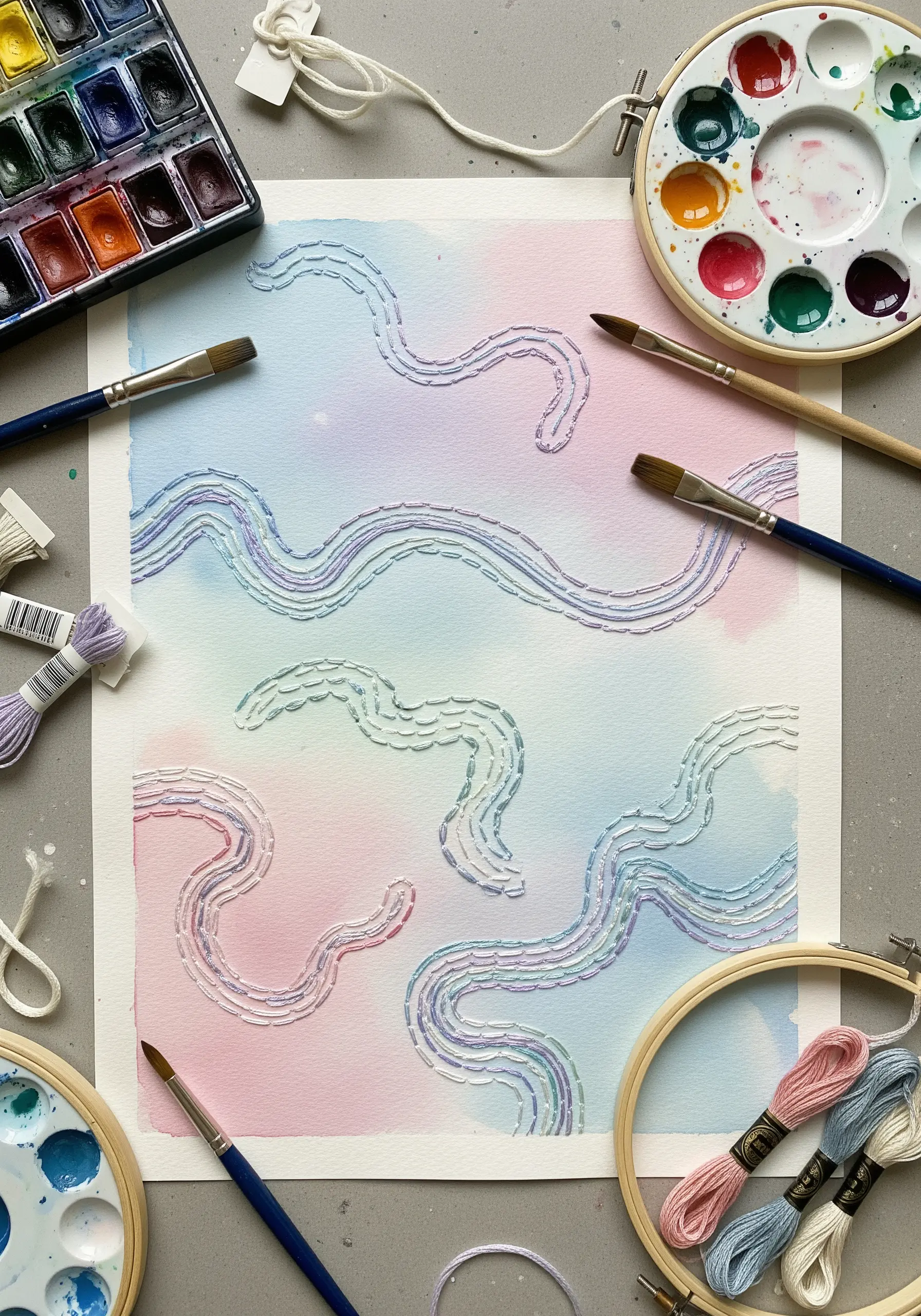 Wavy lines of running stitch embroidered over a soft pastel watercolor background on paper.