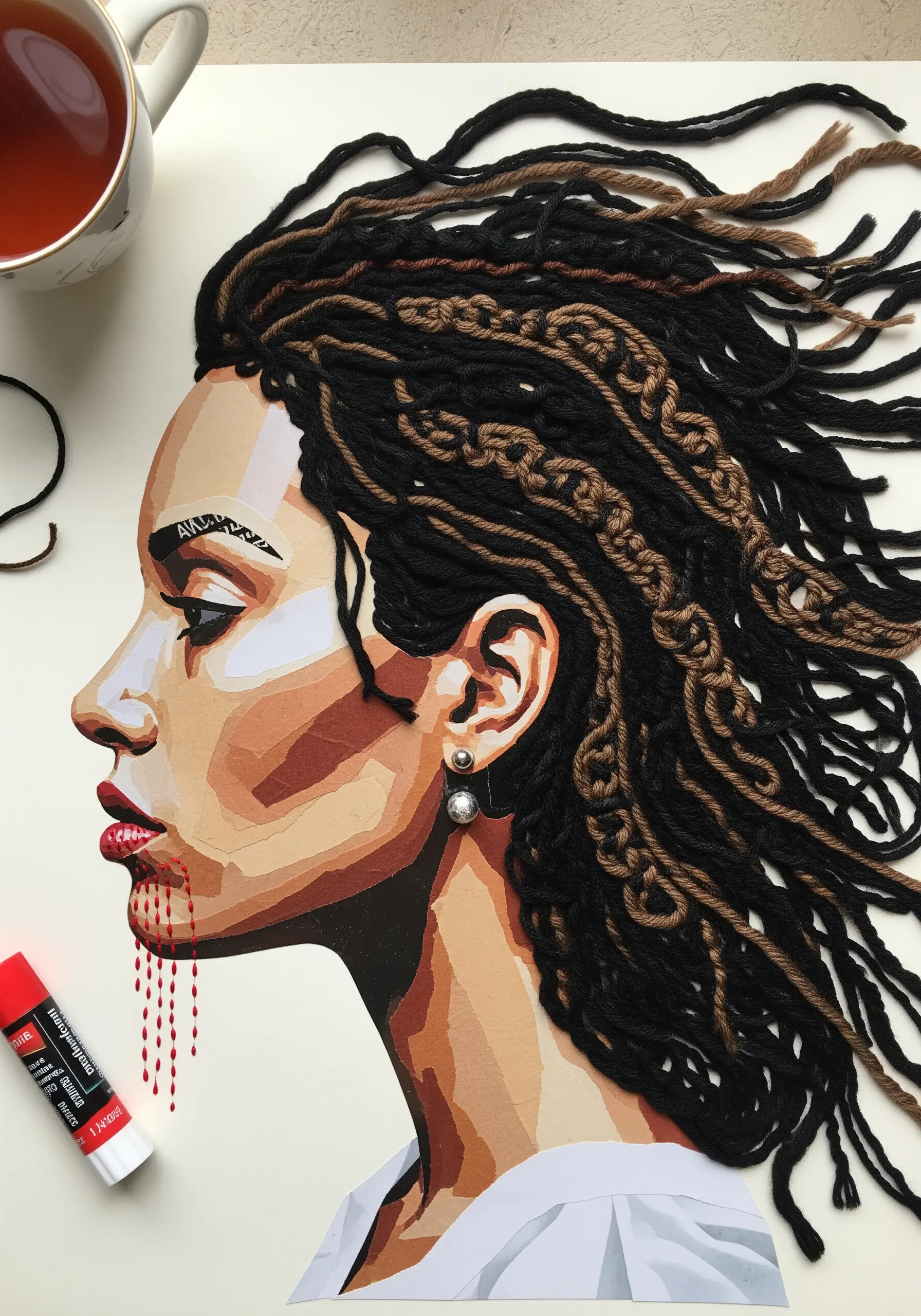 A paper collage portrait with dimensional hair made from black and brown yarn.