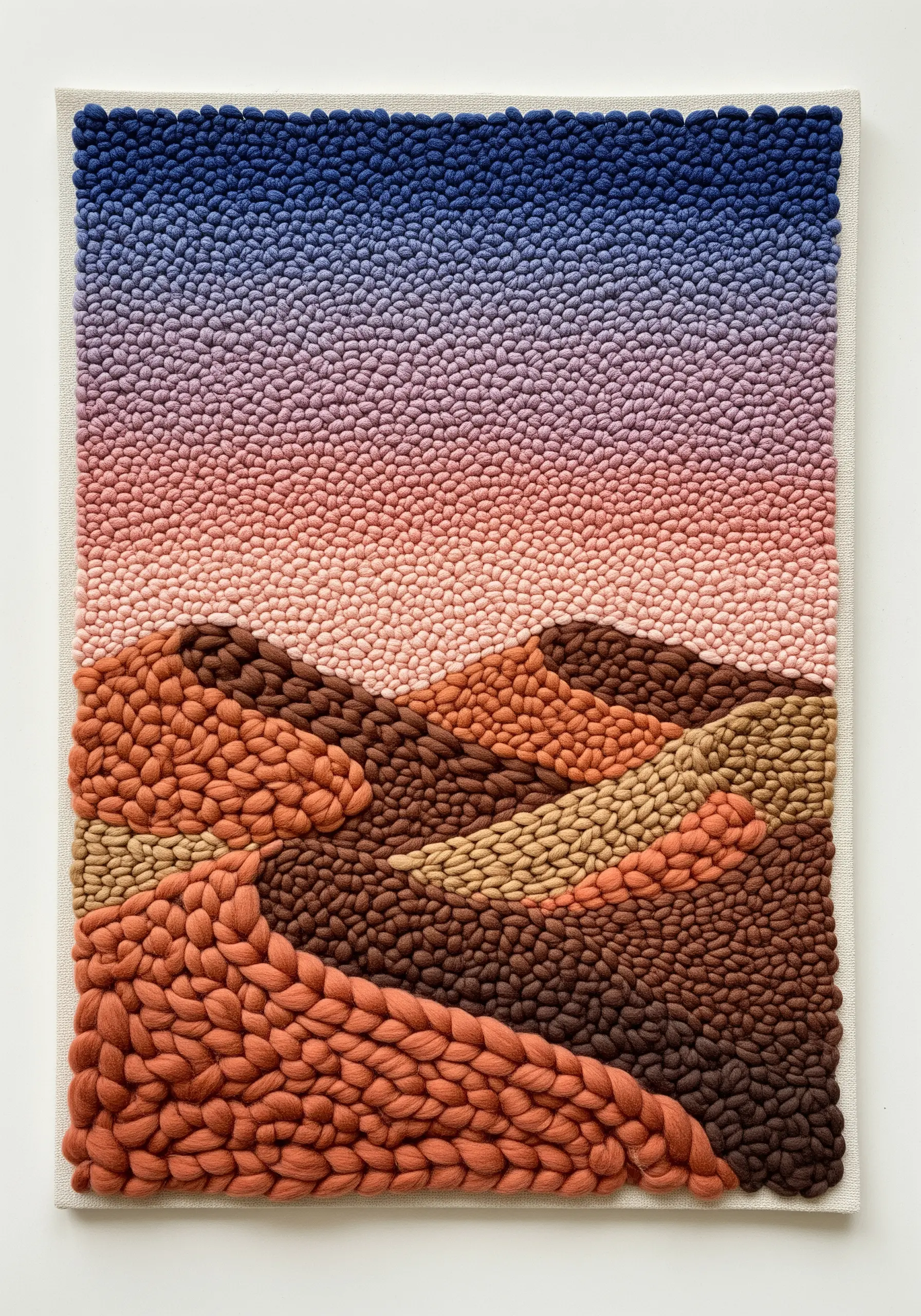 Abstract desert landscape made with thick, woven wool roving in gradient colors.