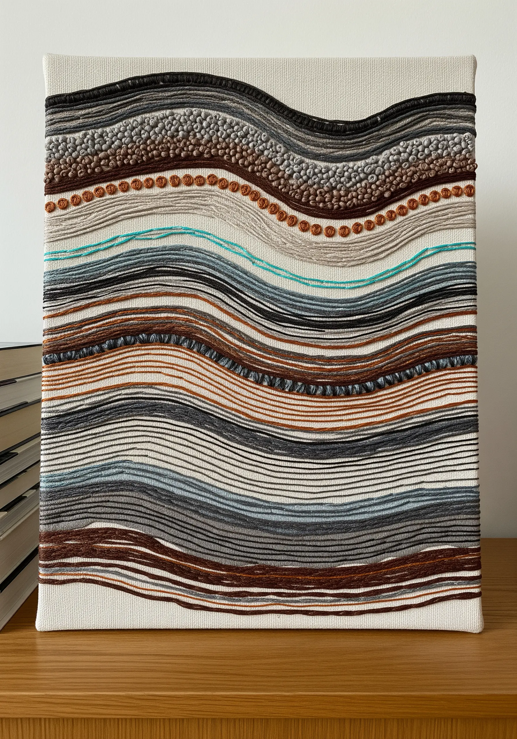 Abstract landscape embroidery with horizontal bands of textured stitches.