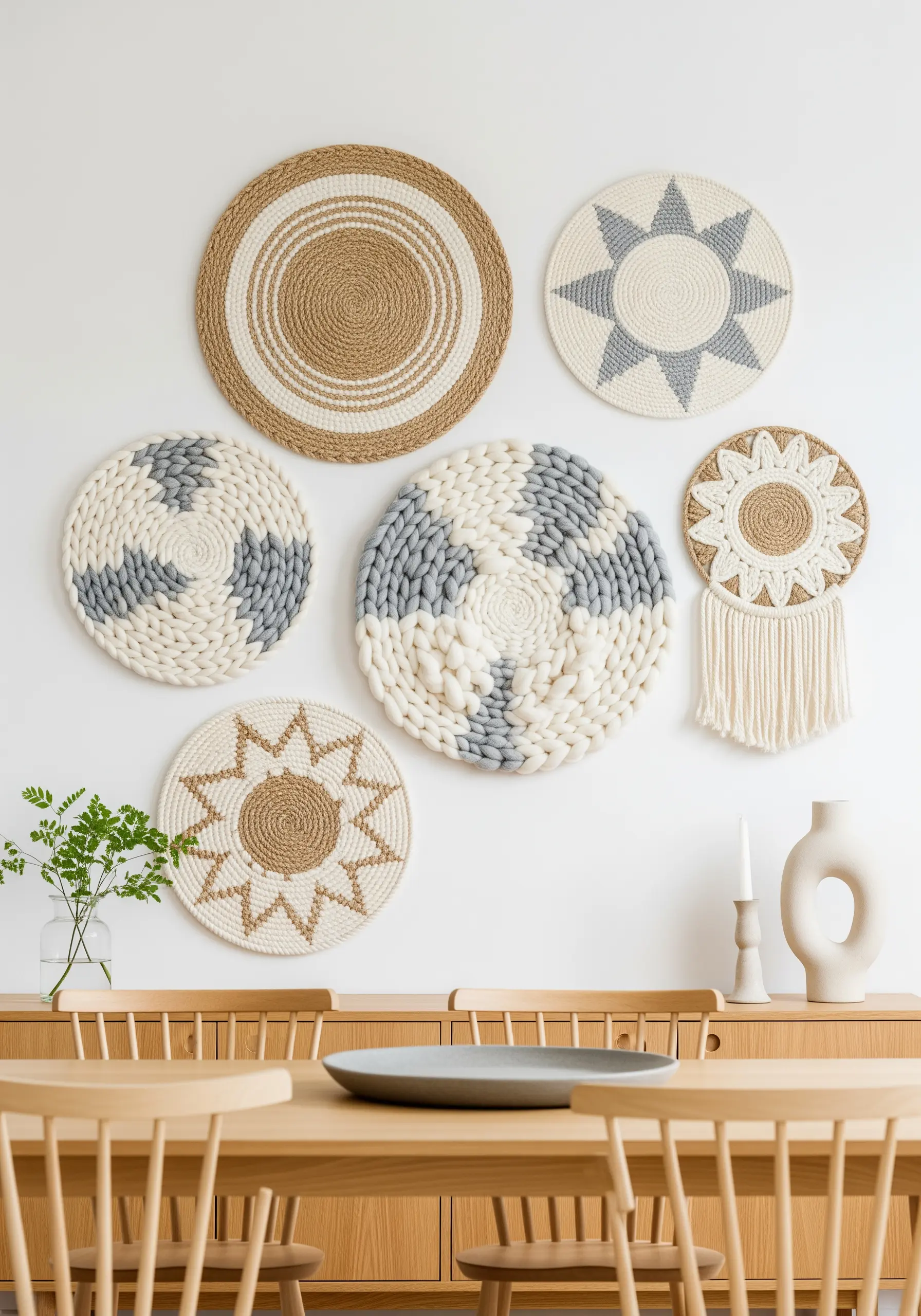 A gallery wall of seven round, woven fiber art plates in neutral tones.