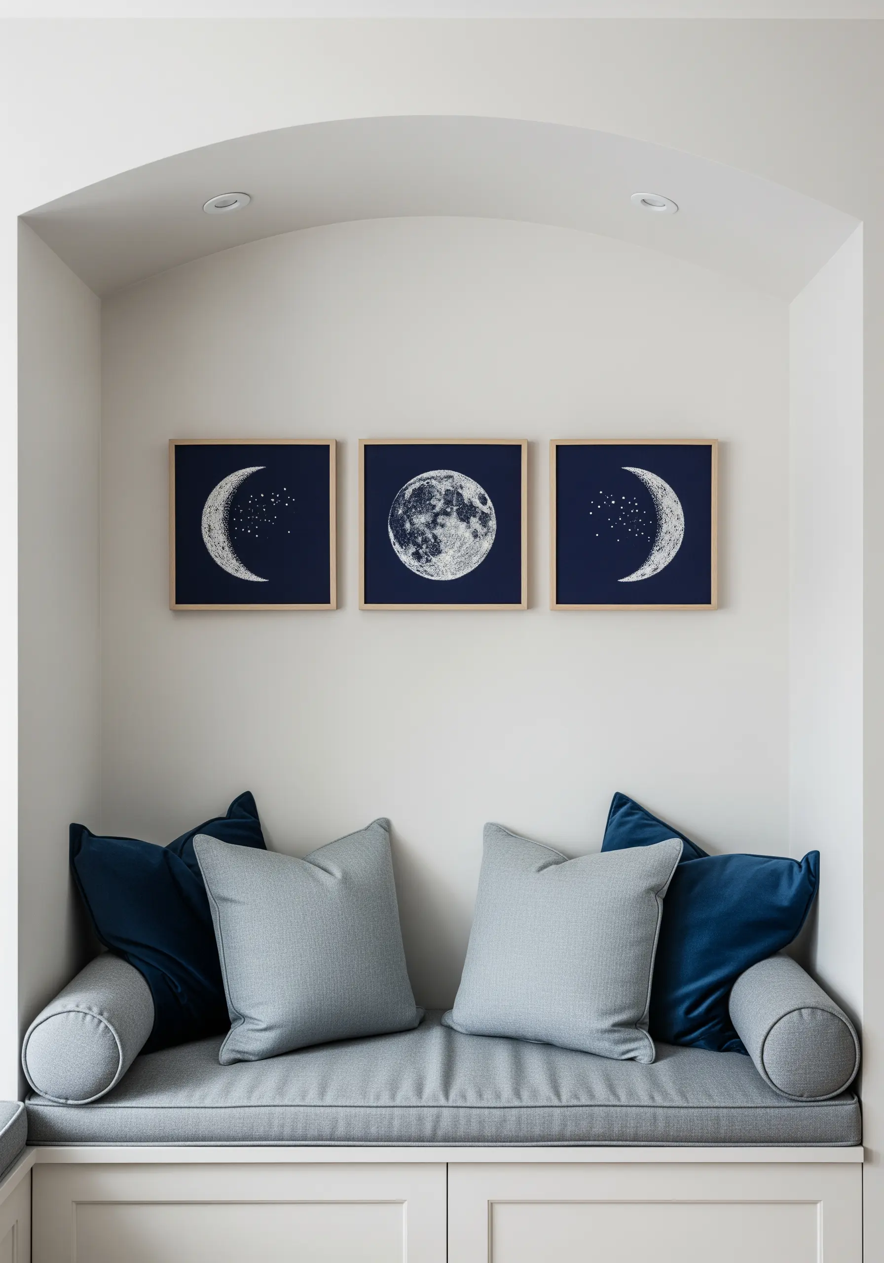 A triptych of three framed embroideries showing phases of the moon on navy fabric.
