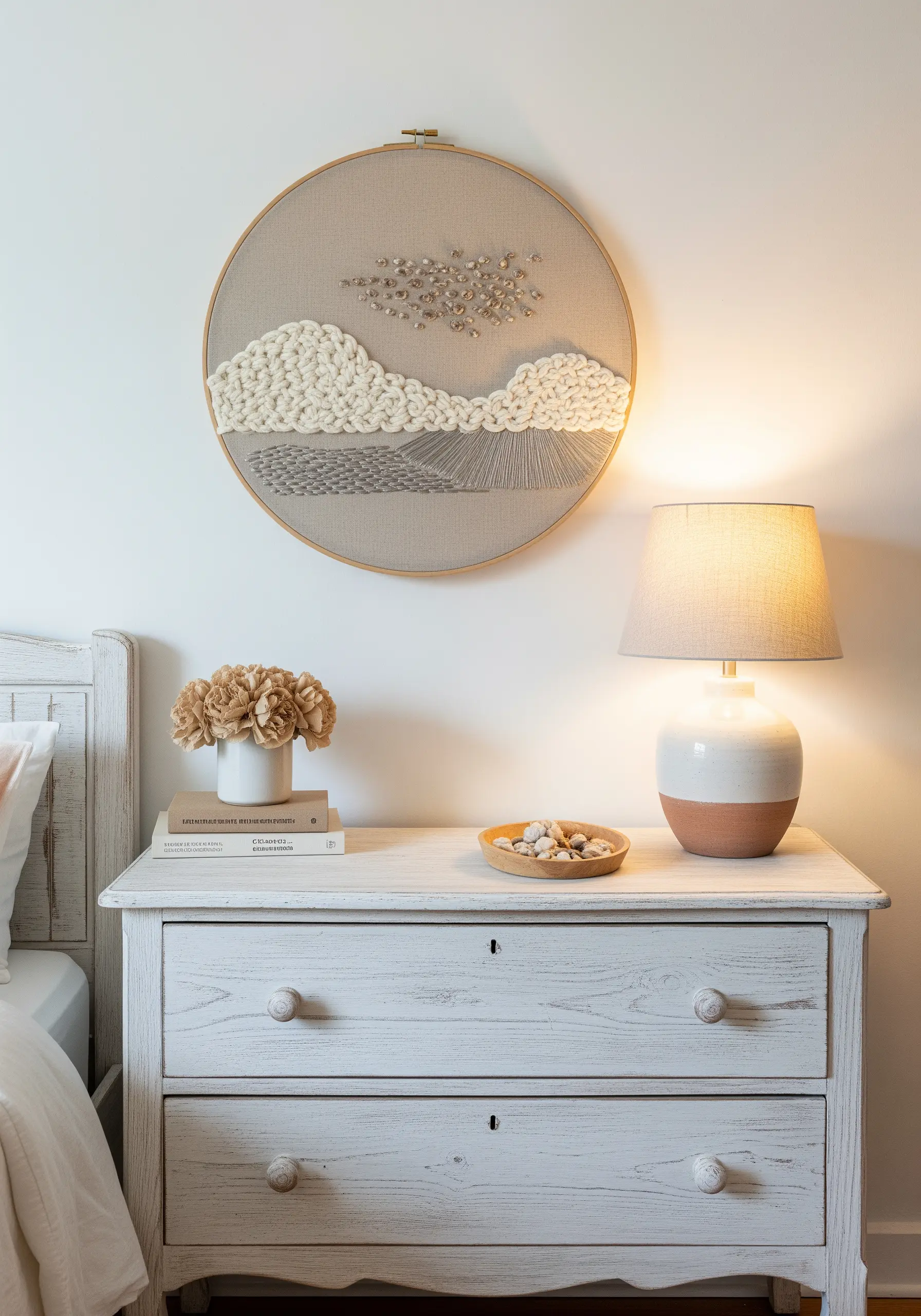 Abstract landscape embroidery using chunky white yarn for clouds and beads for the sky.