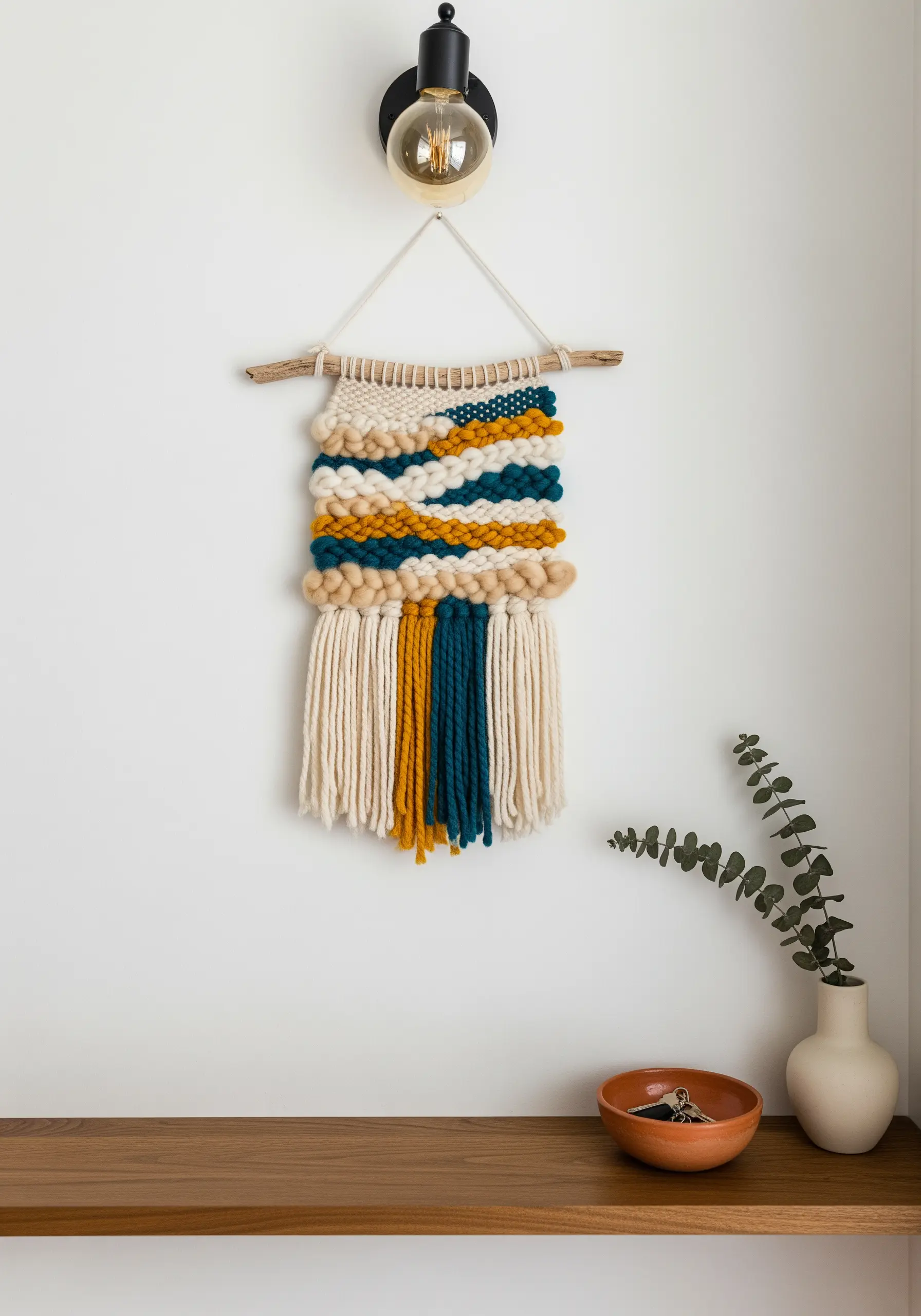 A small, textured woven wall hanging with blue, yellow, and cream yarn on a white wall.