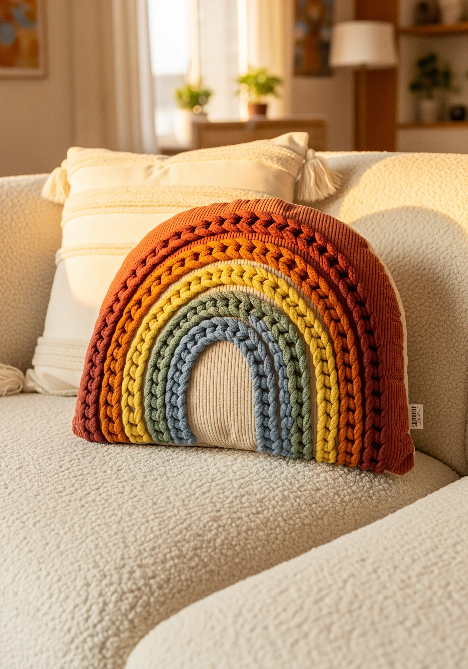 A rainbow-shaped pillow with thick, braided arches of colorful yarn on a couch.