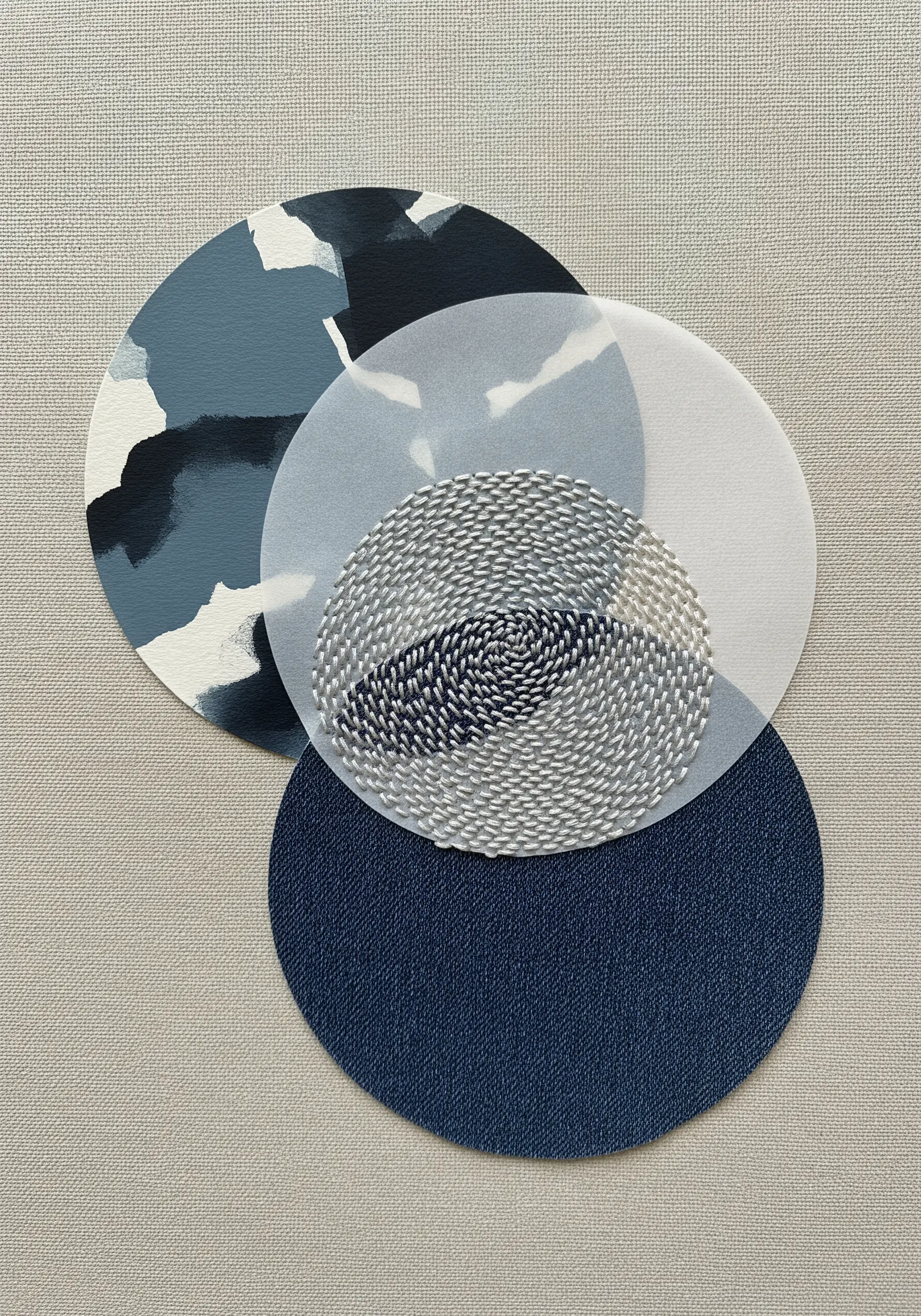 An abstract collage with a central circle filled with swirling, directional seed stitches.