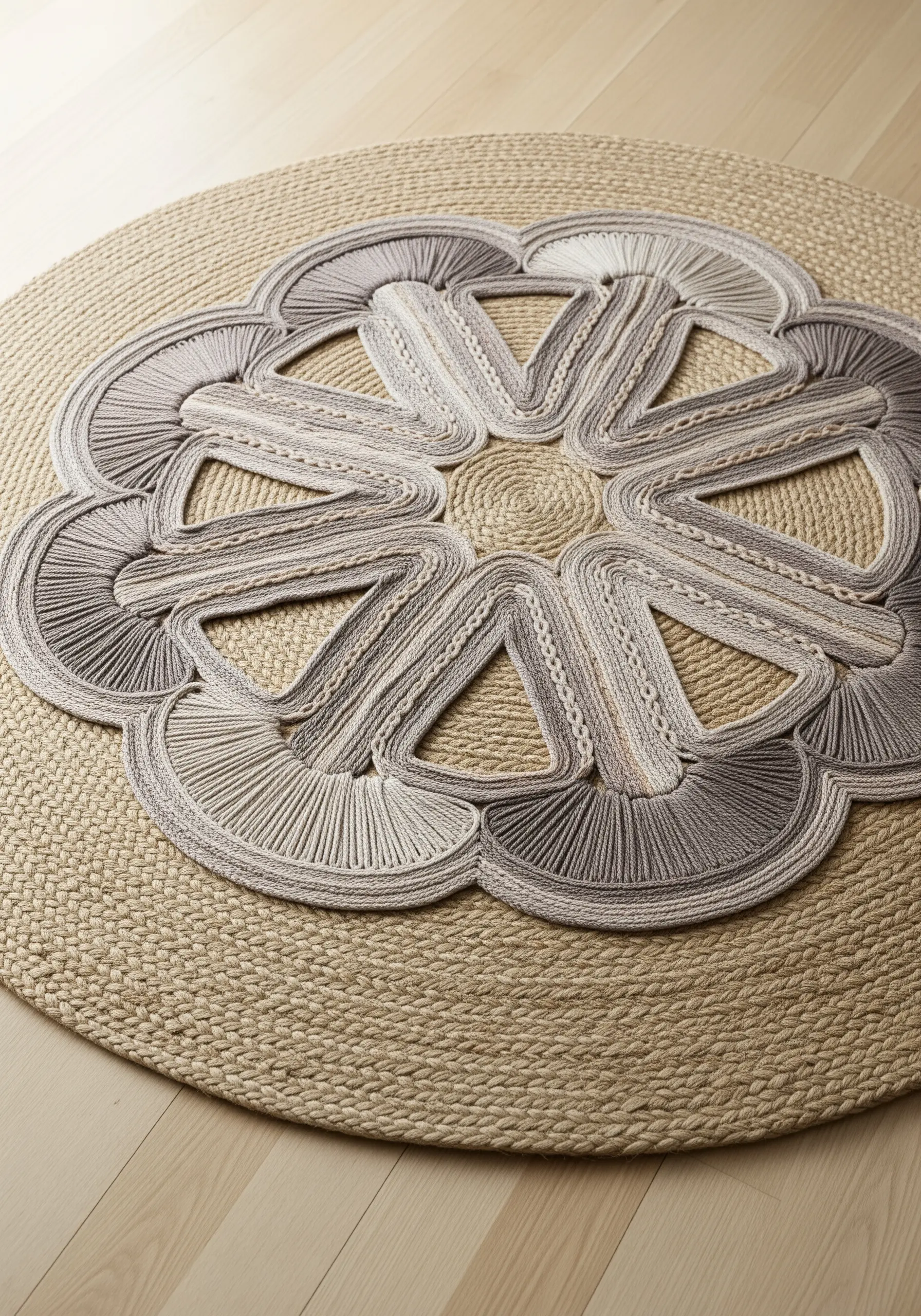 A round jute rug with a large, geometric mandala pattern stitched in neutral-toned yarns.