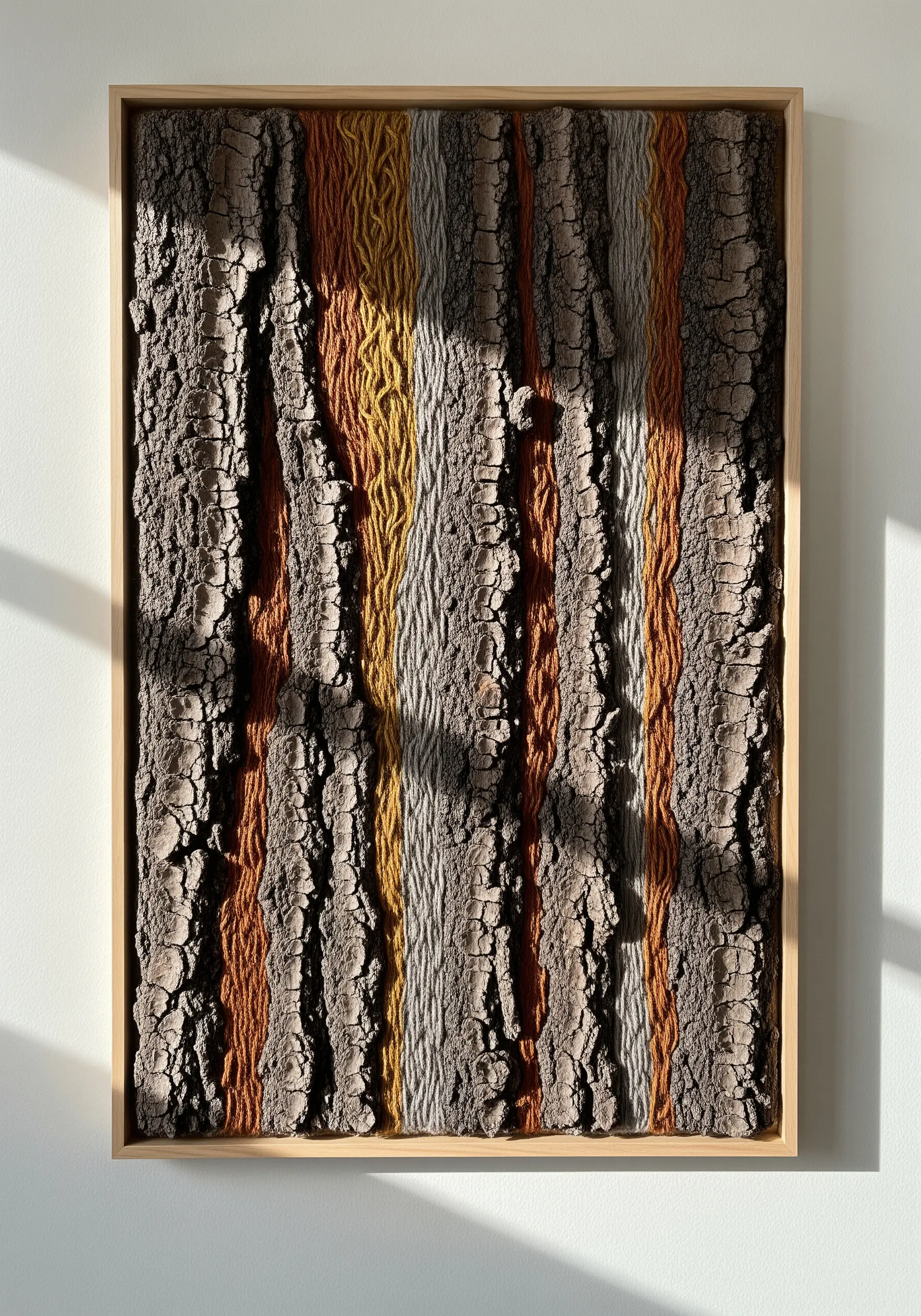 Tree bark mounted in a frame, with colorful yarn woven vertically through its texture.