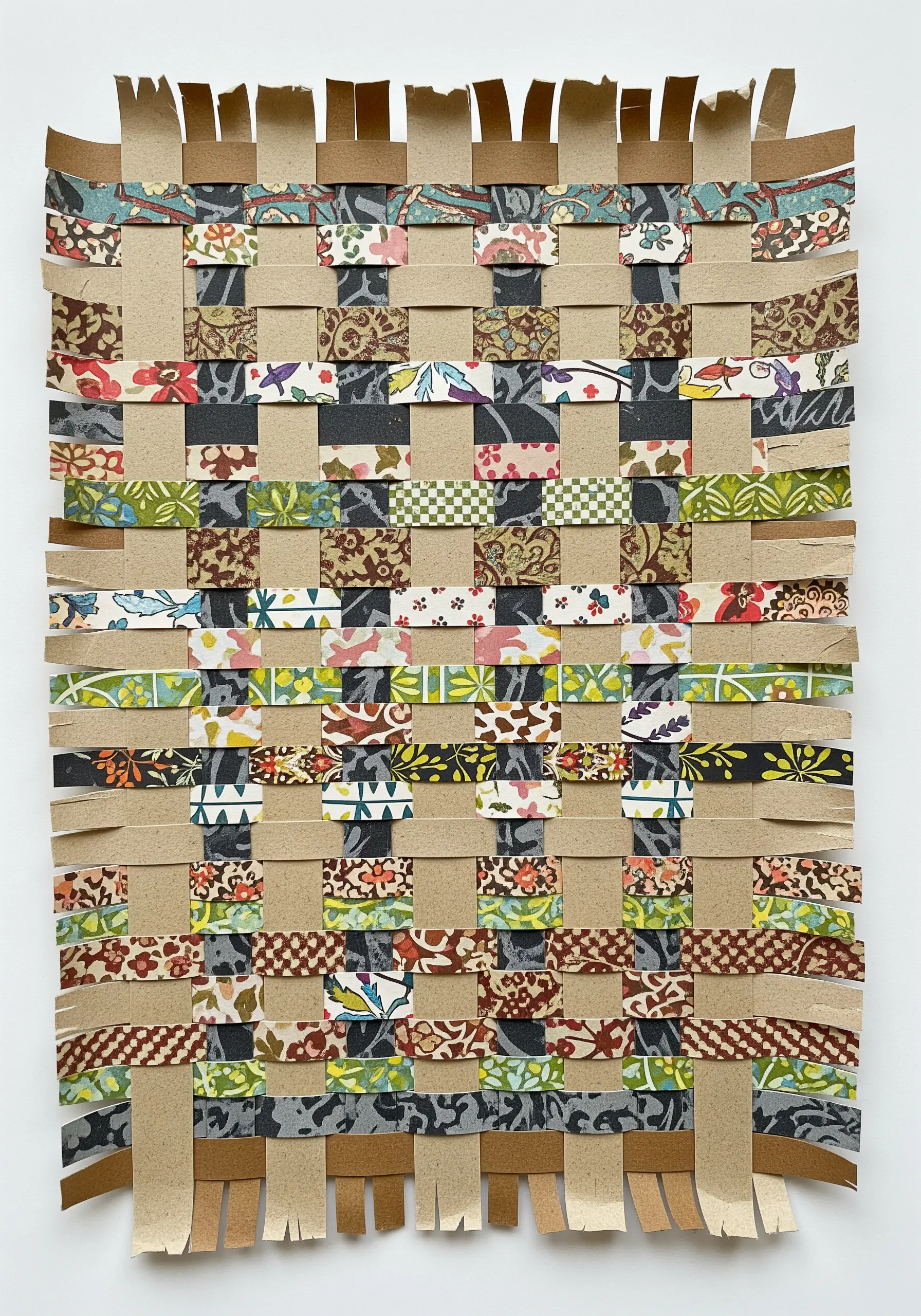 A woven mat made from intersecting strips of plain and patterned paper.