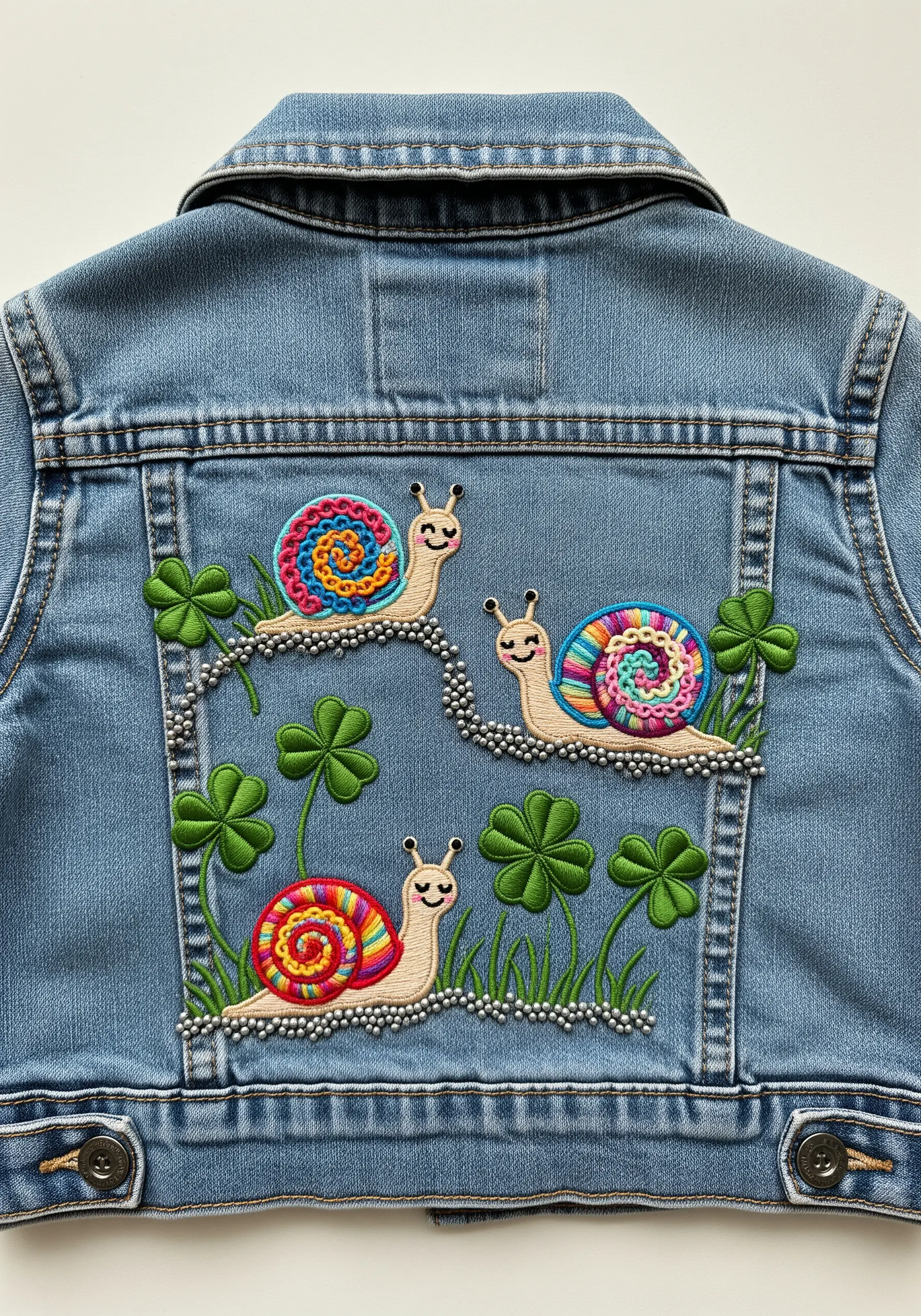 Embroidered snails with colorful whipped spider web shells on a denim jacket.