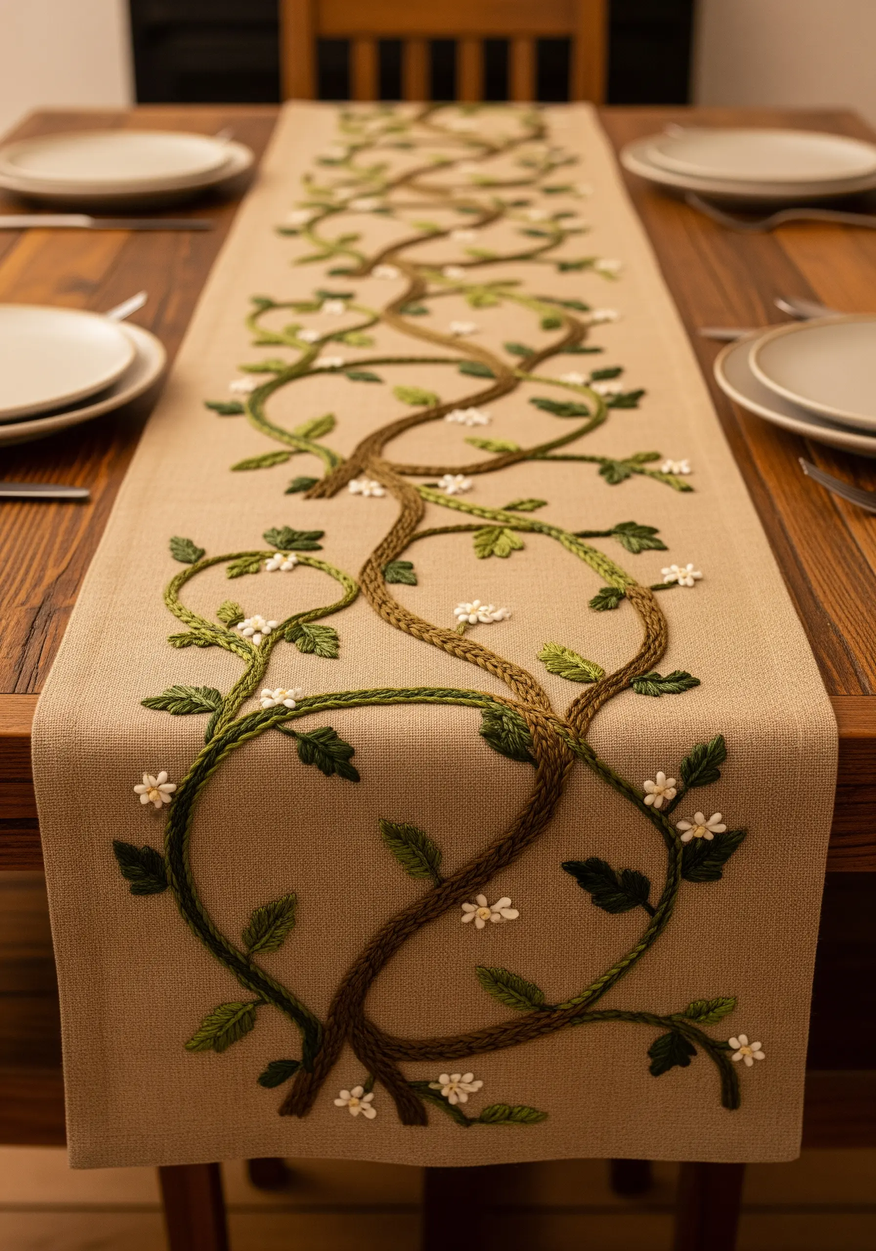 A beige table runner embroidered with thick, intertwining green and brown vines and small white flowers.