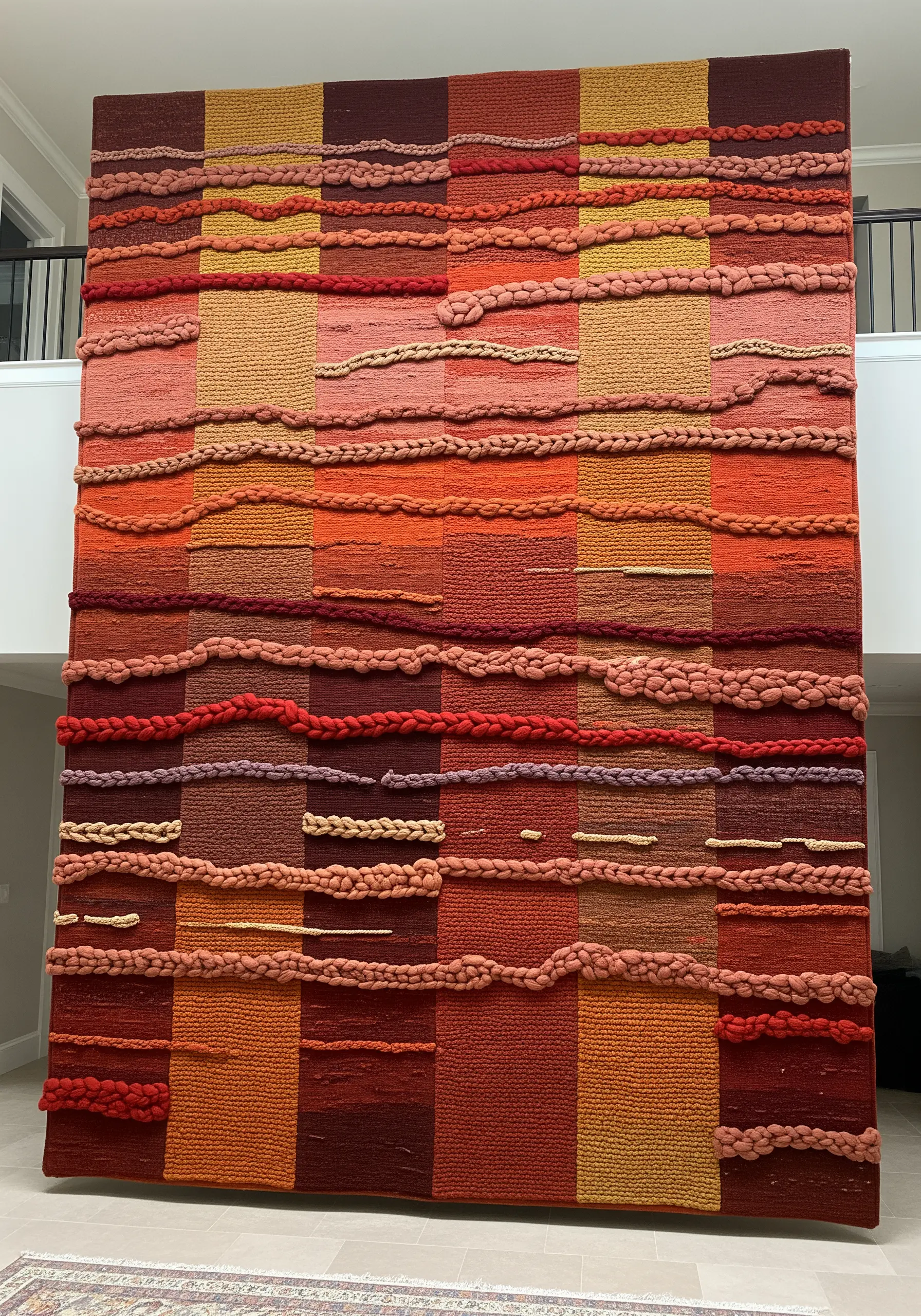 A large, woven wall hanging with a grid of warm red, orange, and yellow textural blocks.