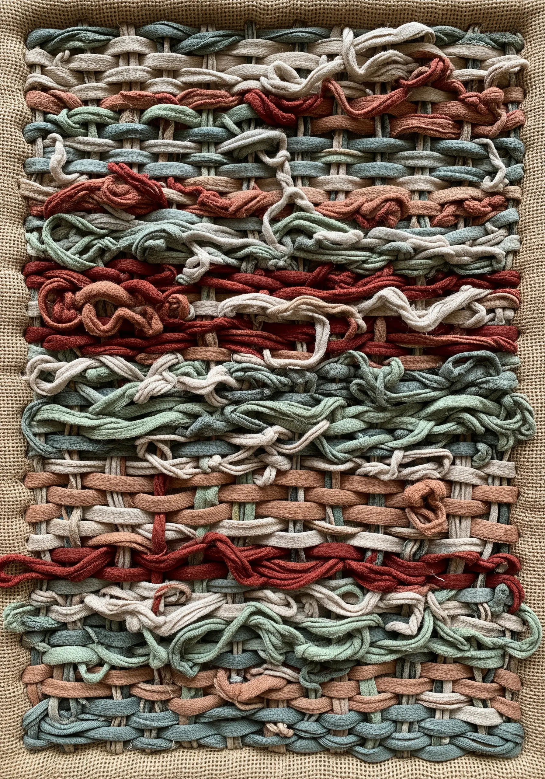 A woven wall hanging using strips of muted green, red, and beige fabric on a burlap base