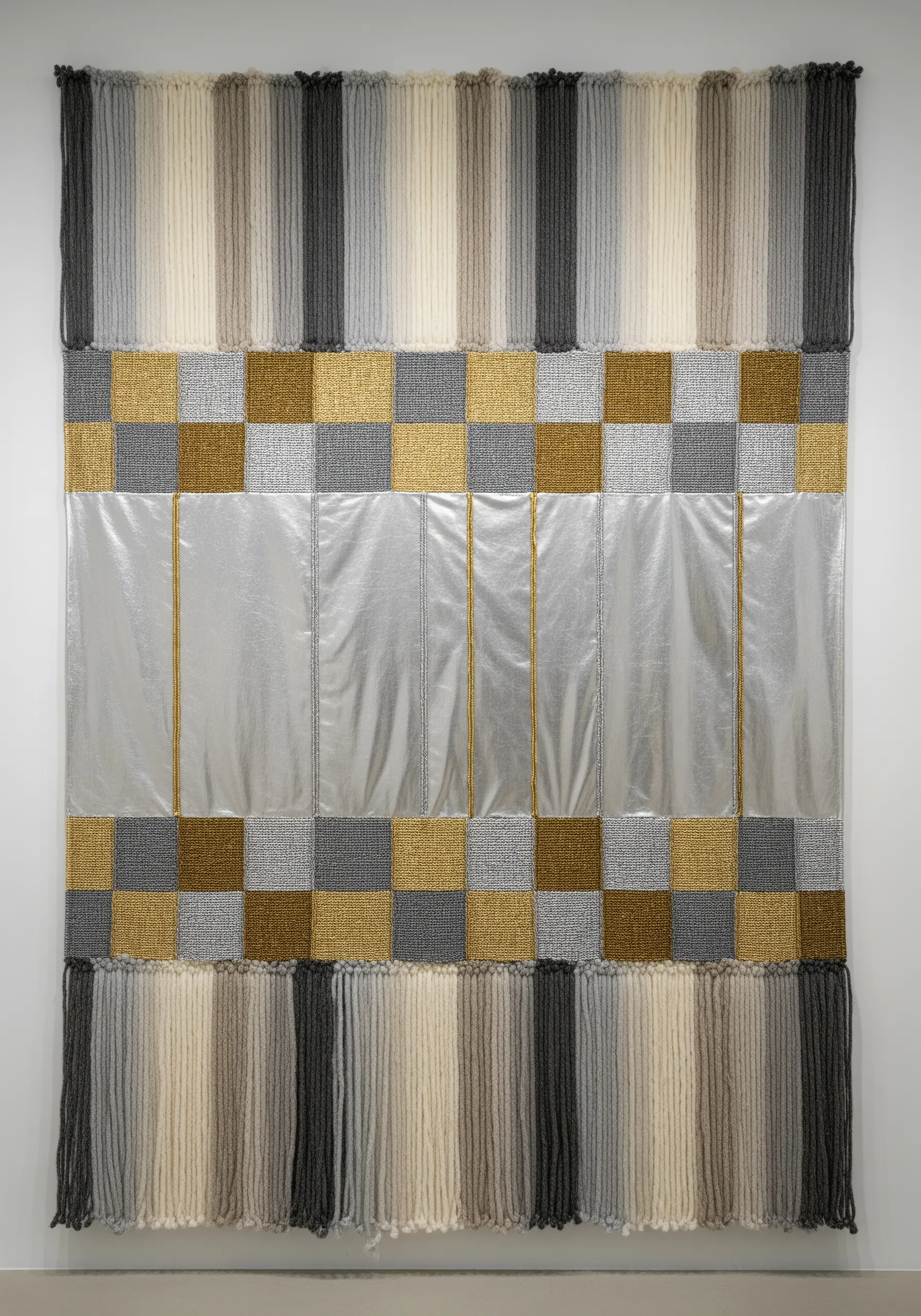 A large woven wall hanging combining yarn with strips of shiny silver faux leather.