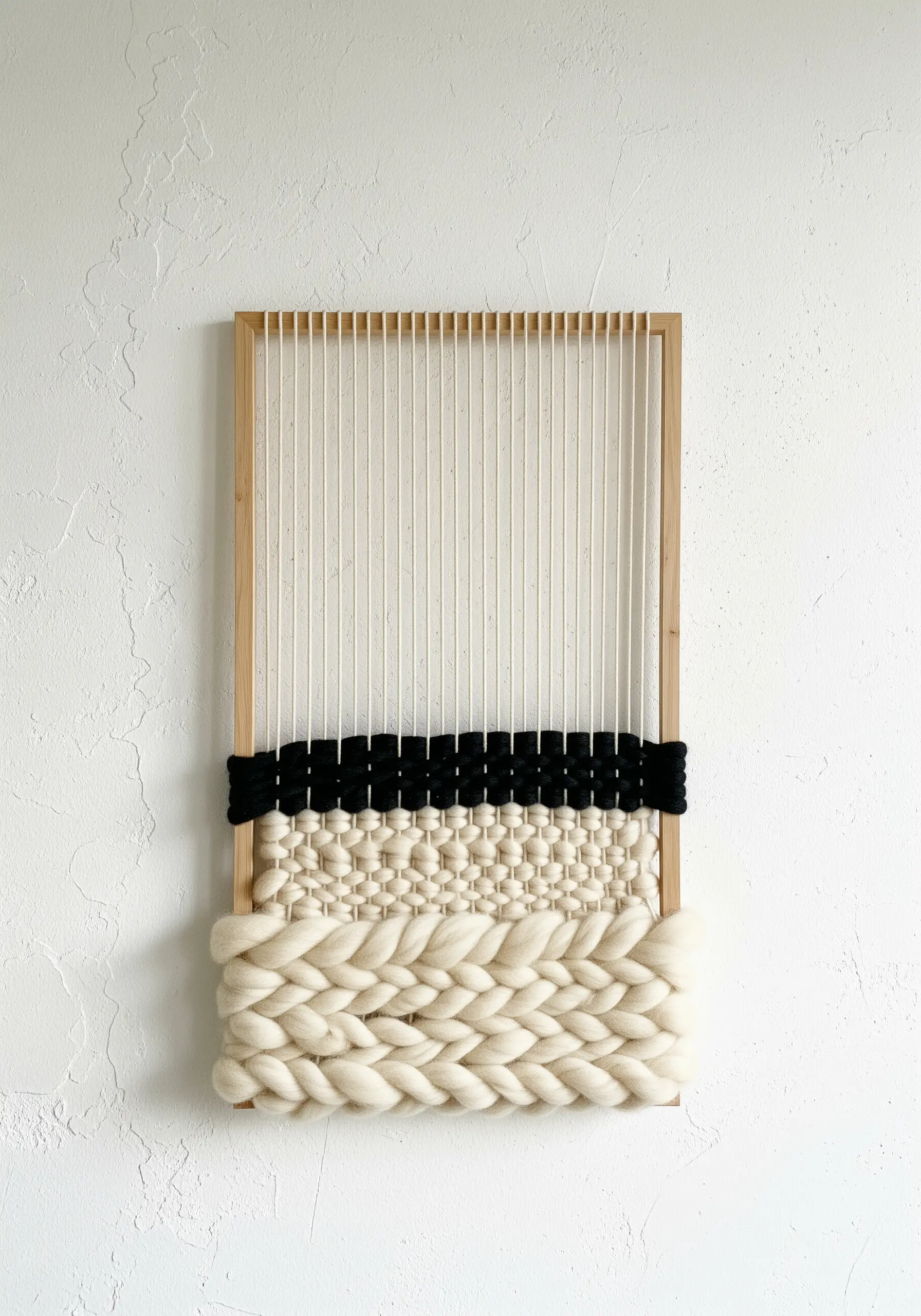 A minimalist weaving on a frame loom, with a thick woven section at the bottom and exposed warp threads.