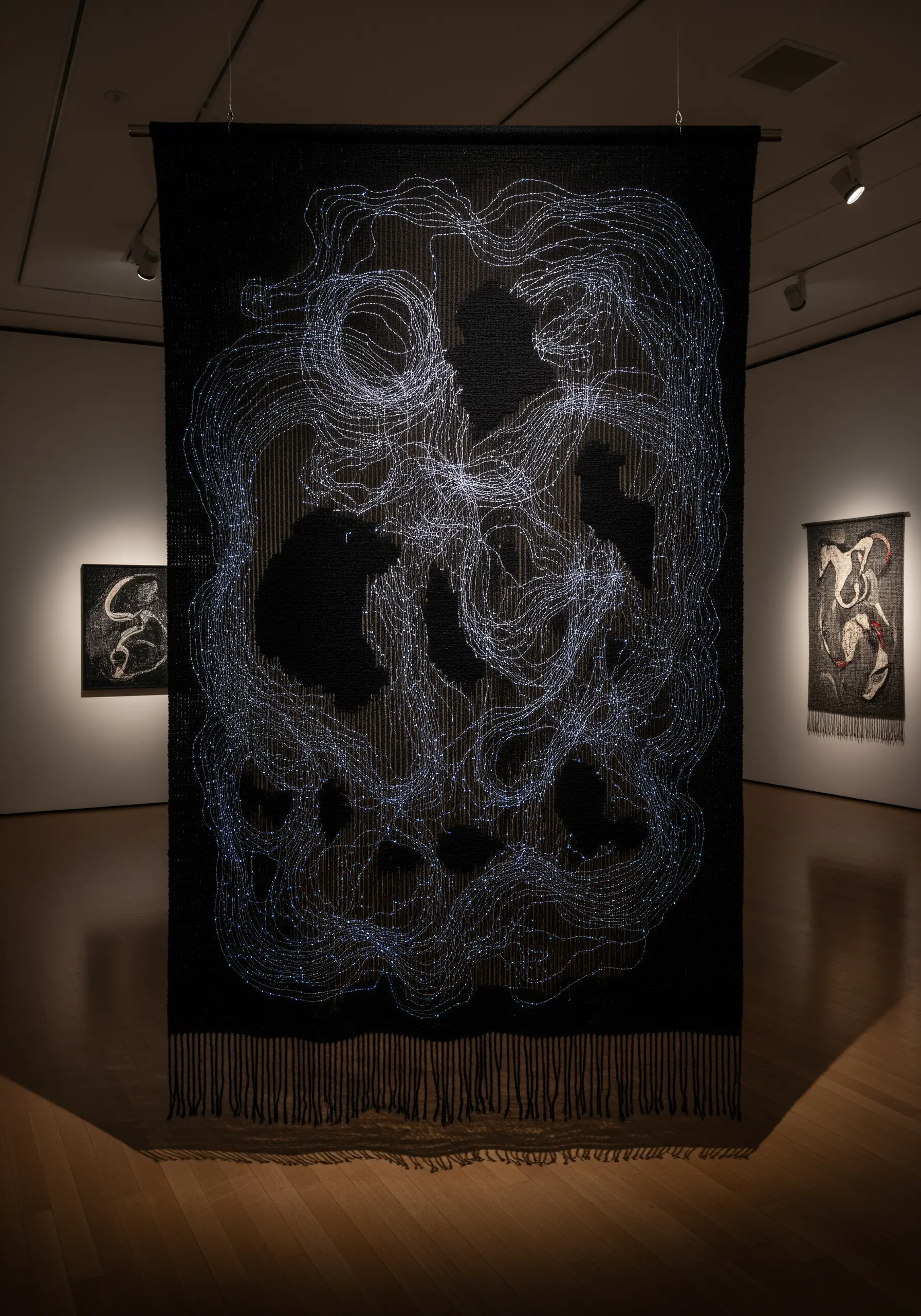 A large, dark tapestry where the design is created by shimmering, light-colored threads against black.