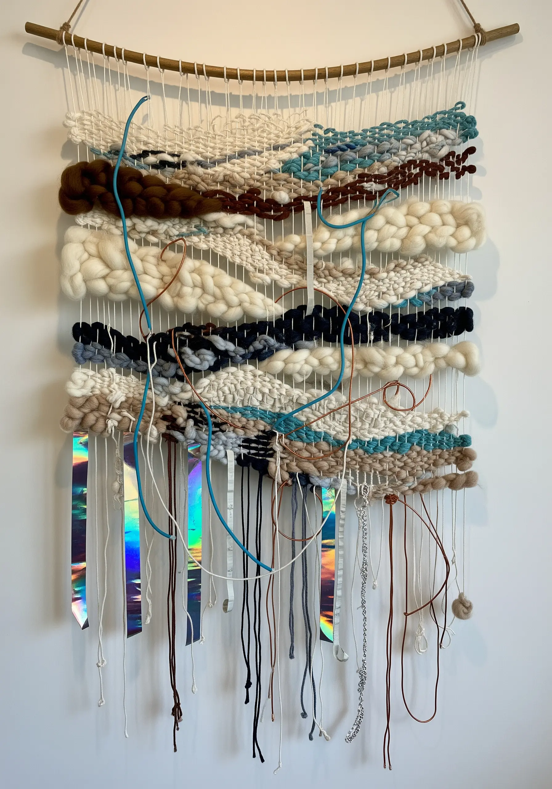 A textured wall weaving that incorporates strips of holographic material and metallic chains.