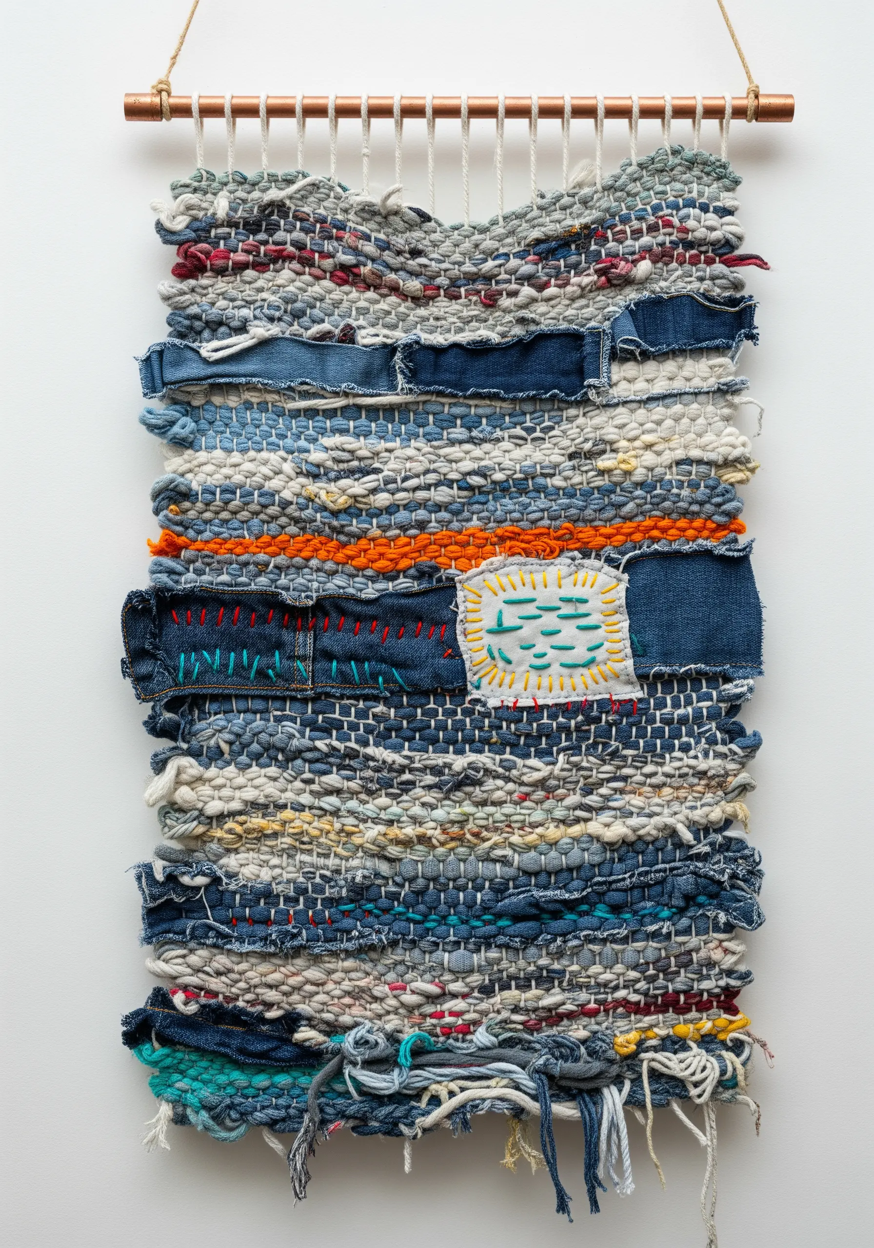 Woven wall hanging made from upcycled denim scraps, with small embroidered patches.