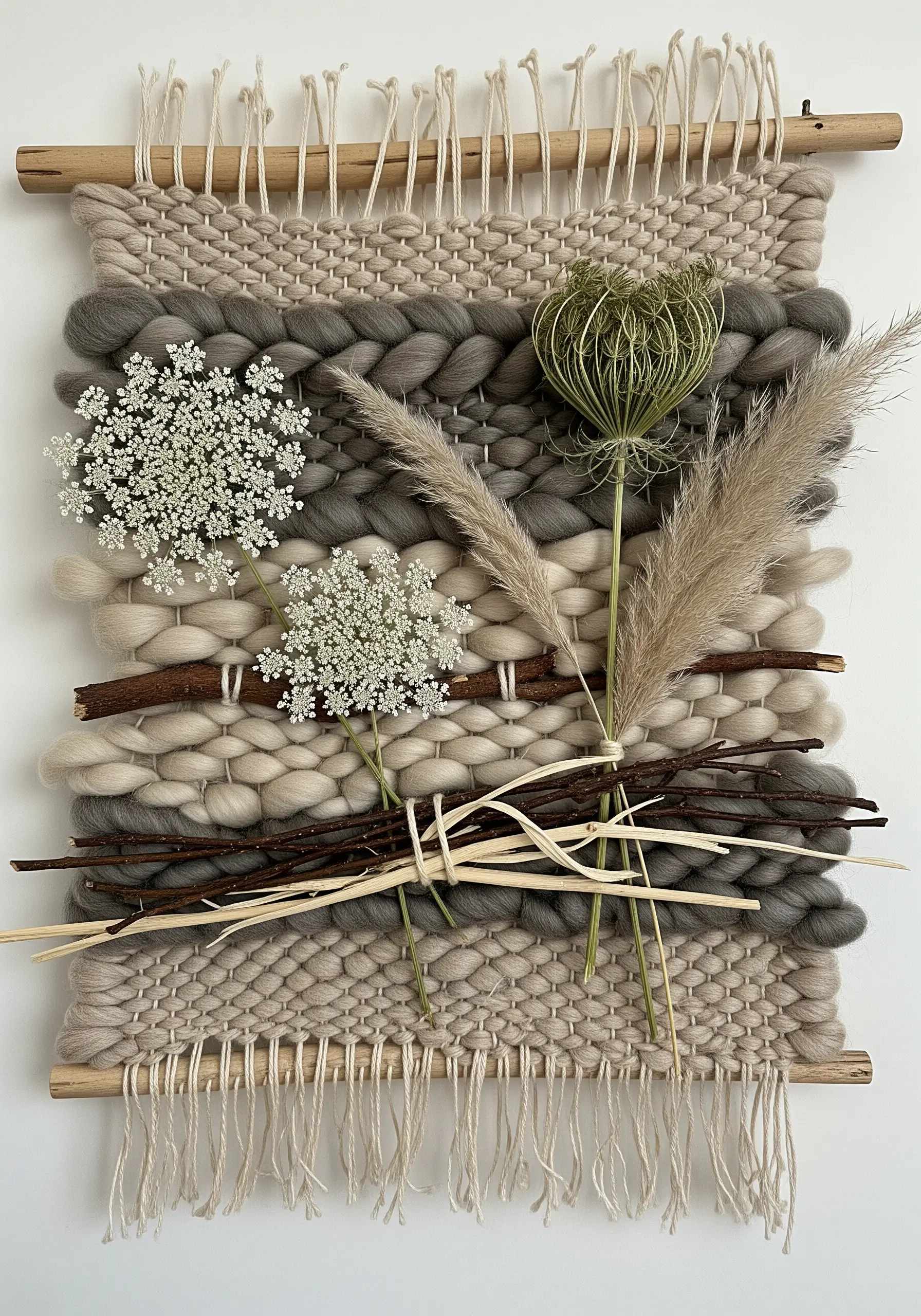 A neutral-toned woven wall hanging incorporating dried flowers, grasses, and twigs.