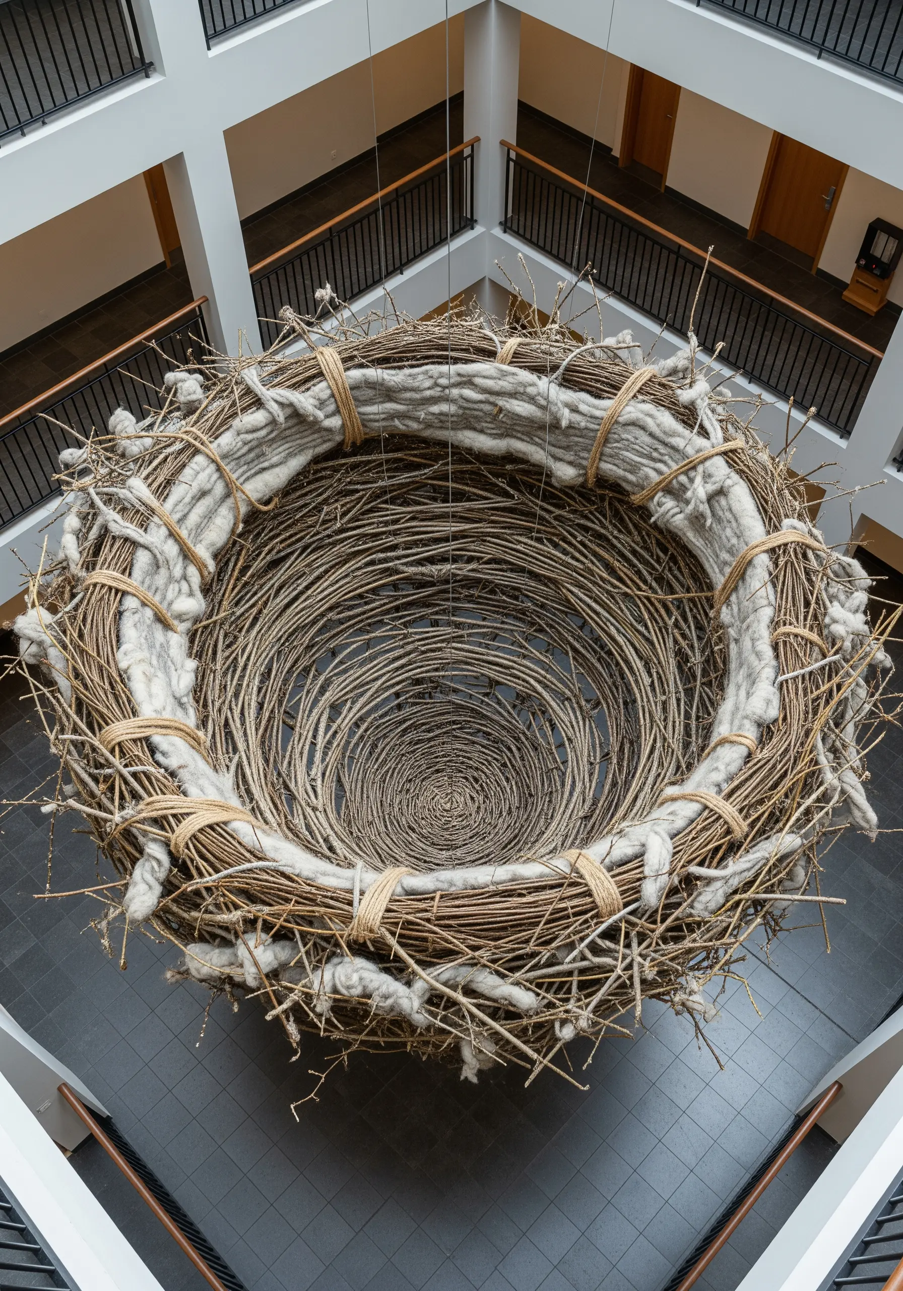 A giant, suspended nest woven from natural twigs, rope, and raw wool roving.
