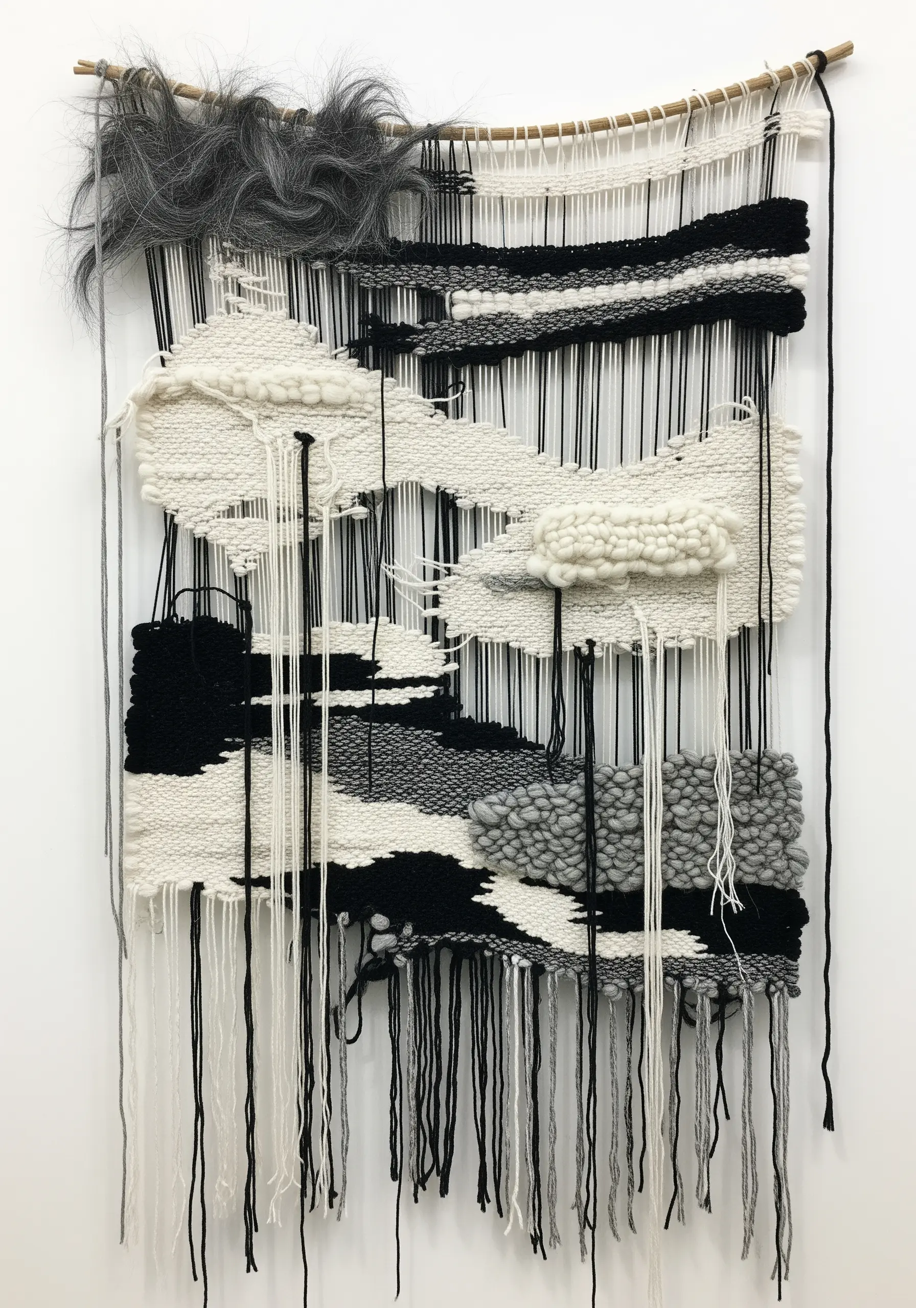 A deconstructed black, white, and grey weaving with exposed warp threads and hanging yarn.
