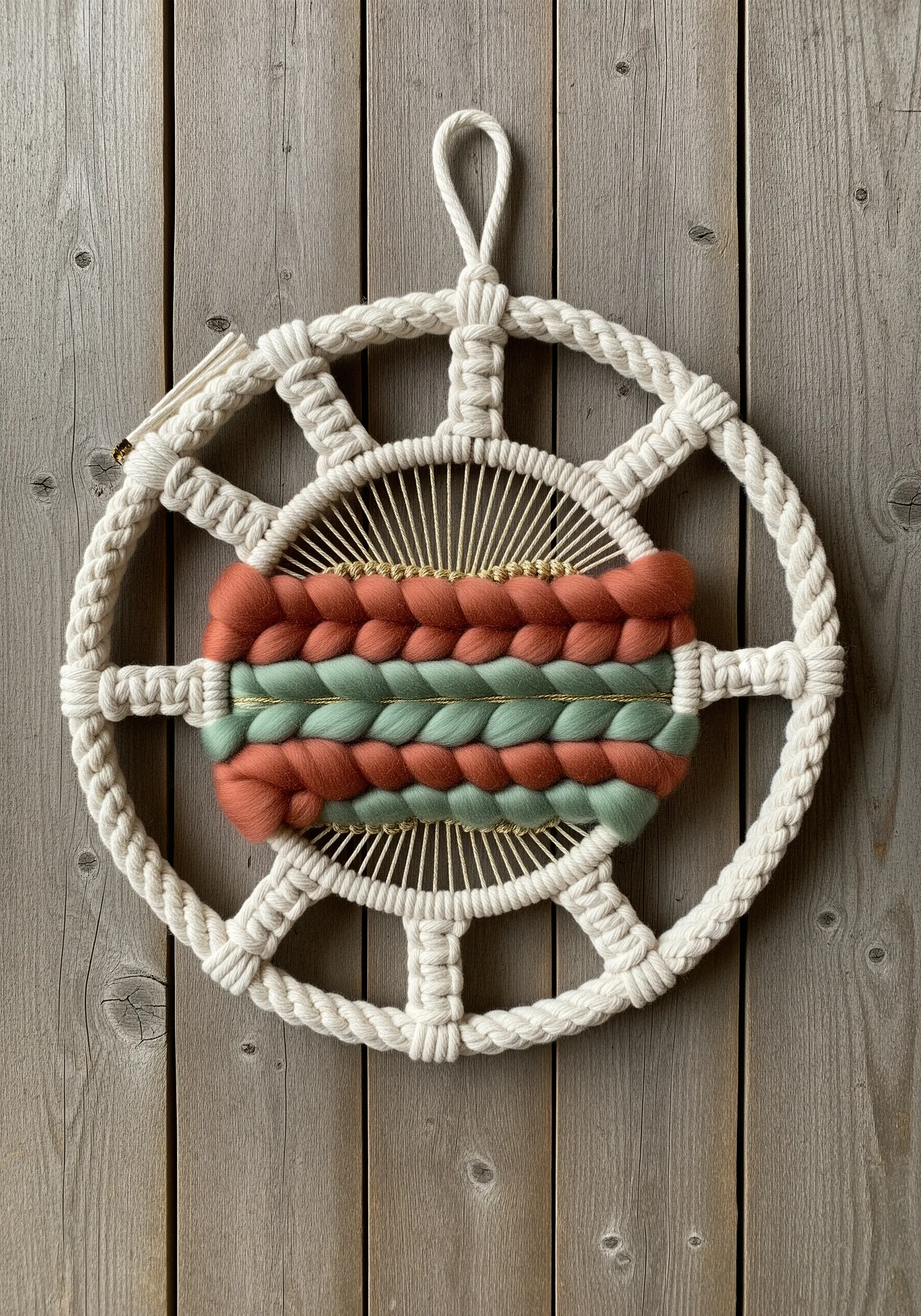A round macrame wall hanging with chunky woven yarn in the center against a wood background.
