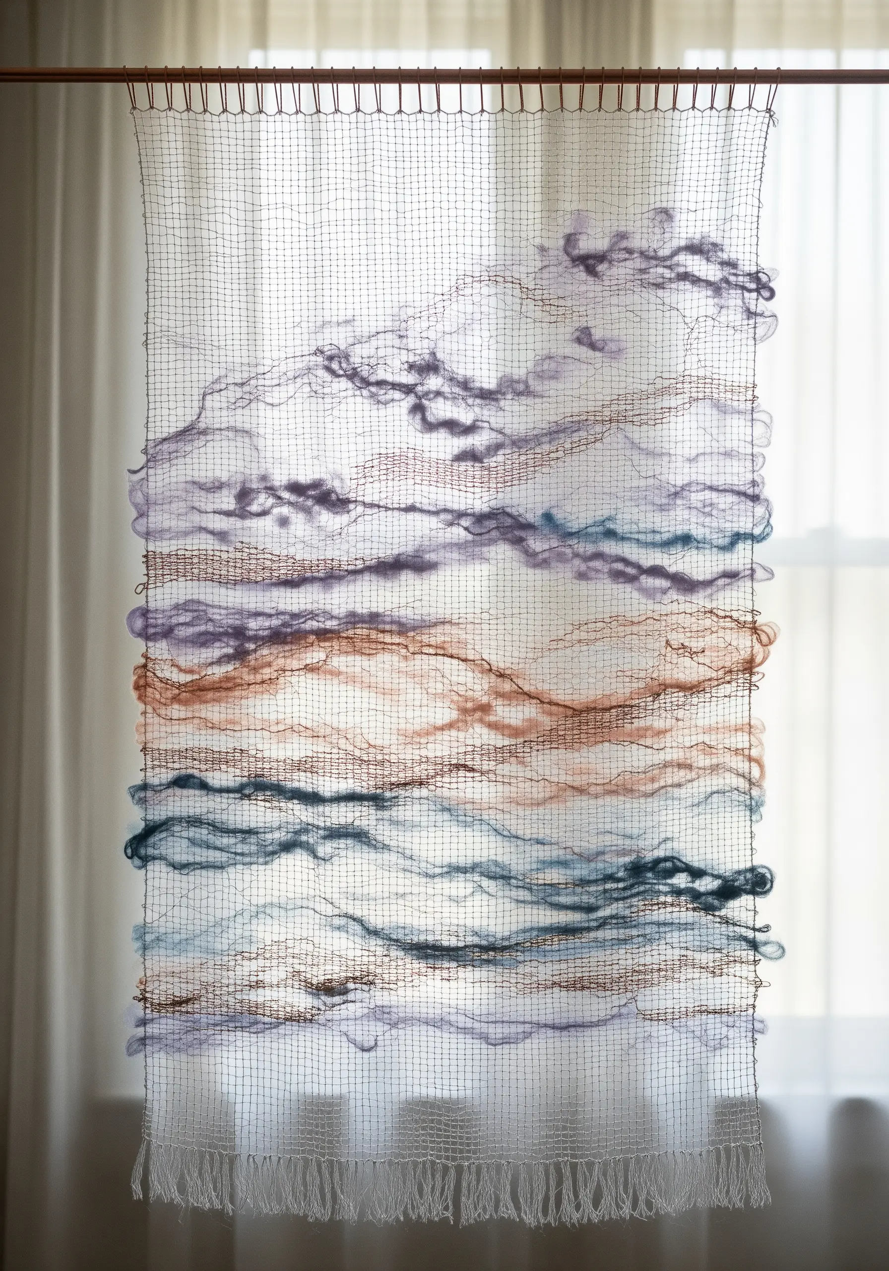 Delicate wool roving in muted colors woven through a sheer mesh hanging
