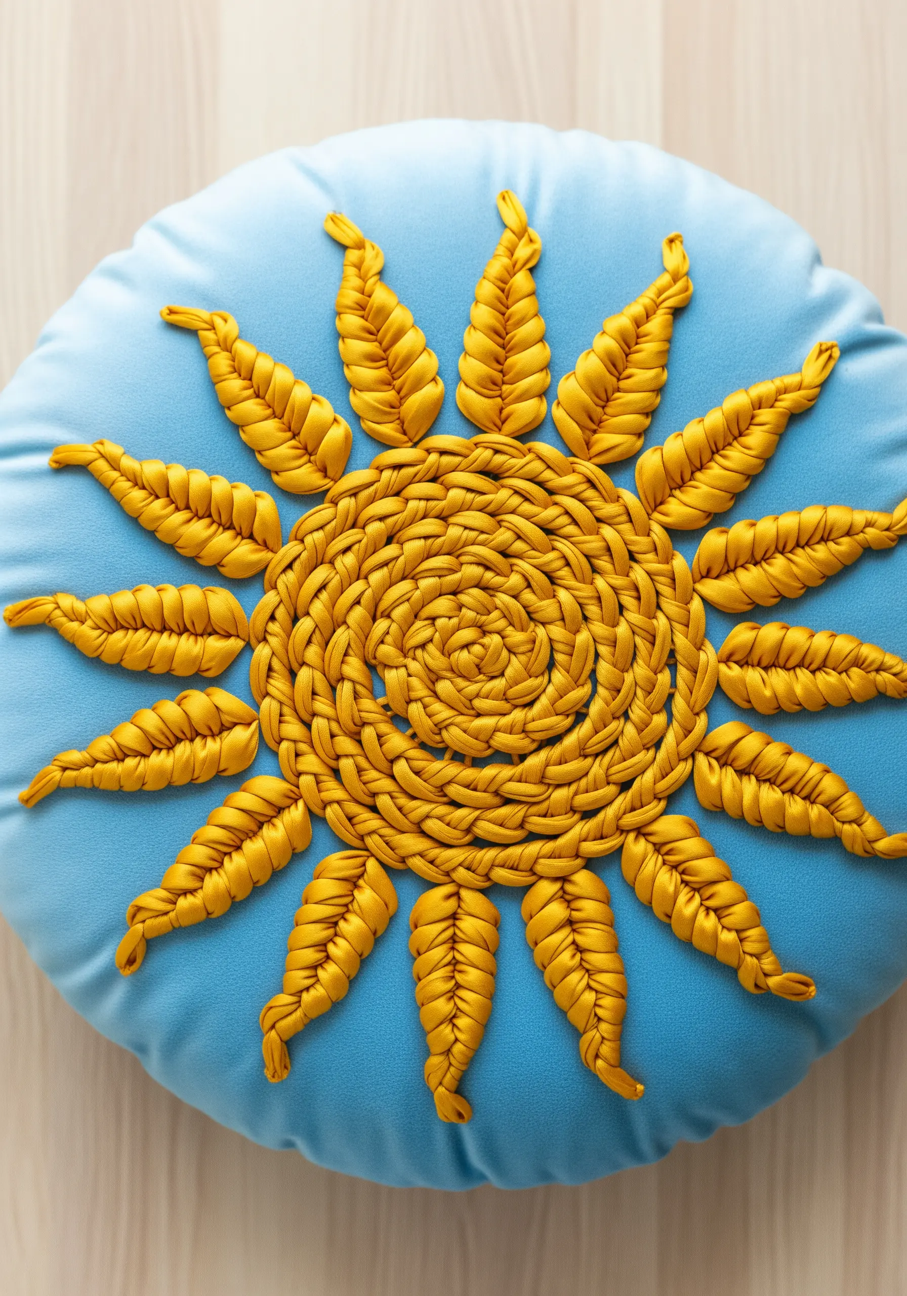 A bright yellow sun embroidered on a blue cushion using woven and folded silk ribbon.