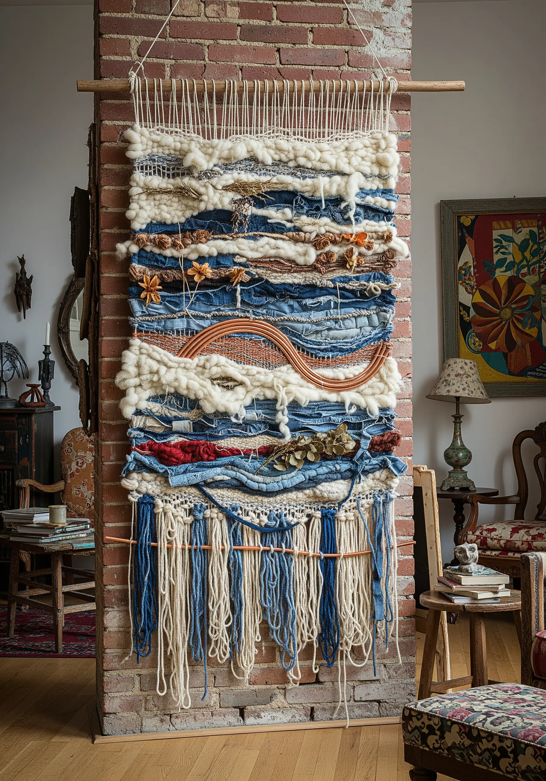 A rustic woven wall hanging made with wool, strips of denim, and incorporating dried flowers and copper elements.