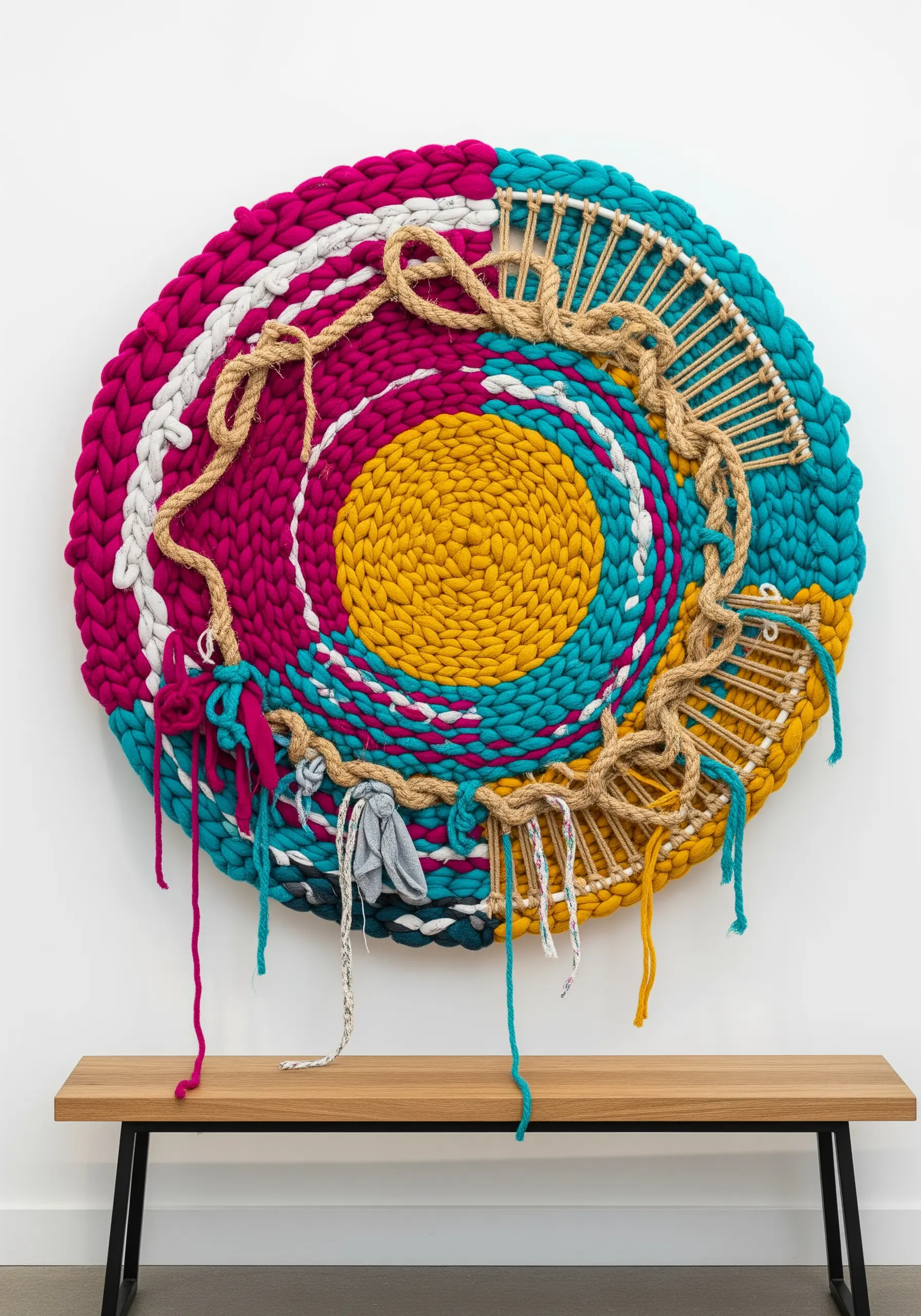 A large, circular woven wall hanging made with chunky, colorful yarns and thick rope.