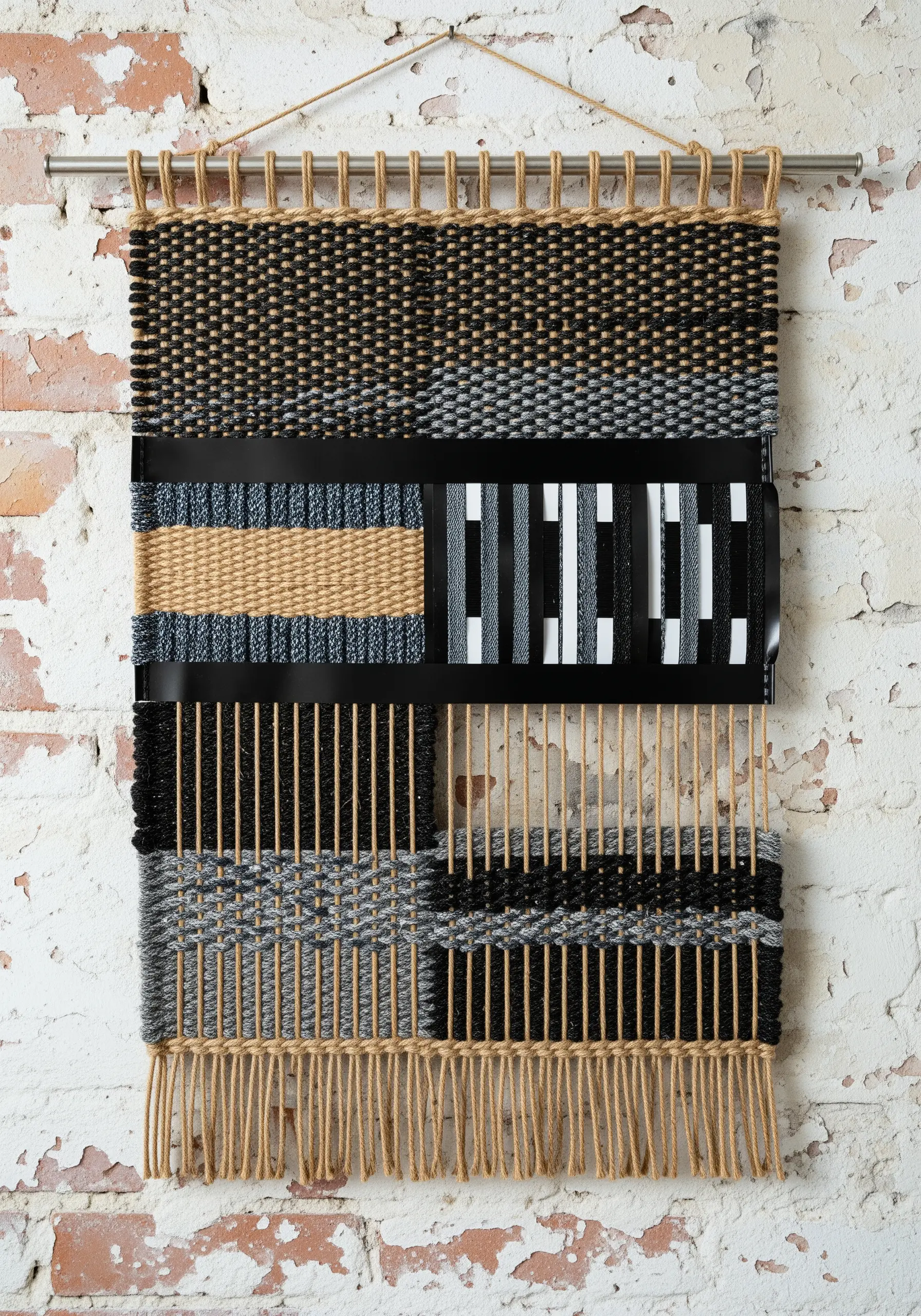 A modern woven wall hanging combining black, grey, and tan yarn with strips of black plastic.
