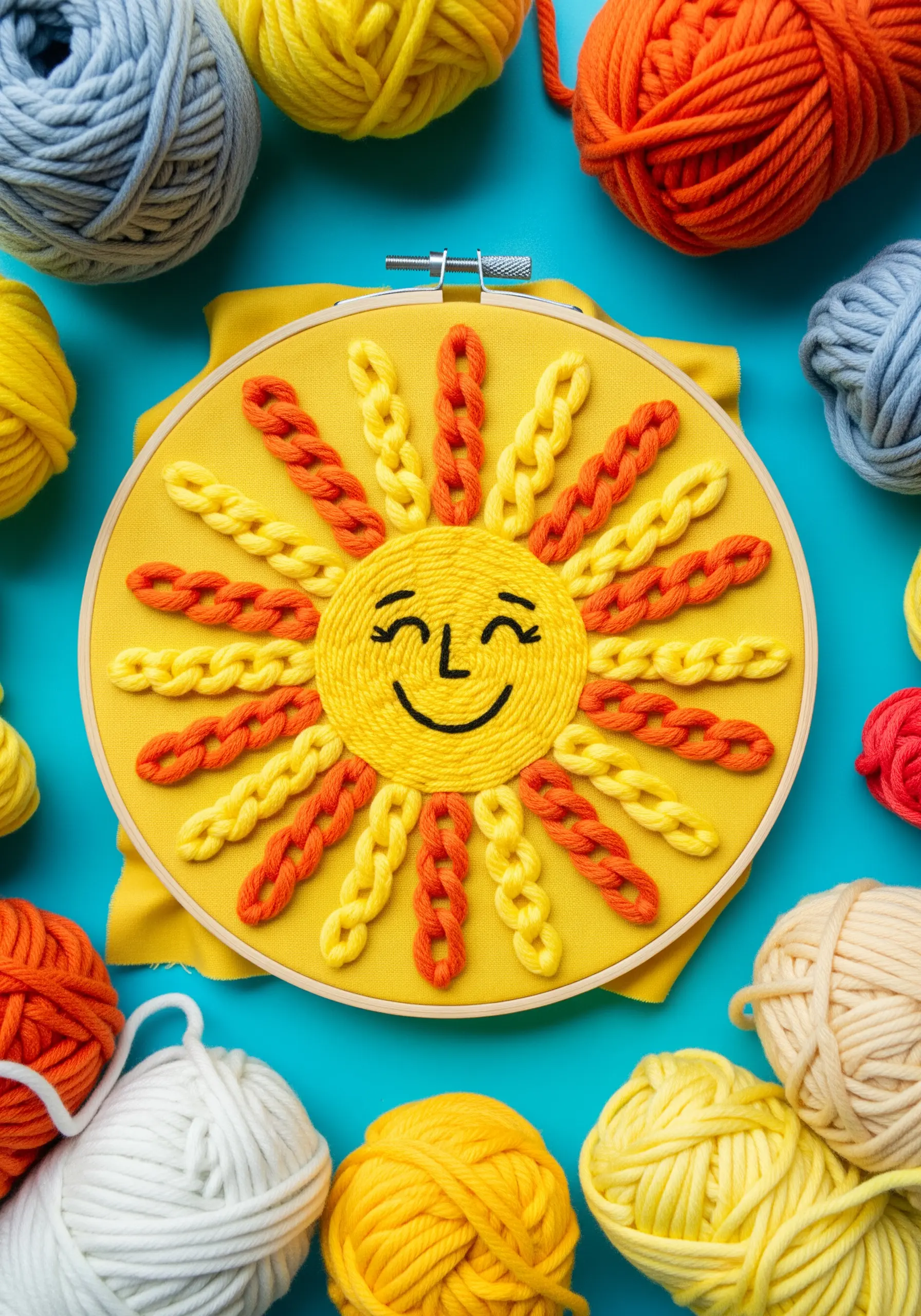 A smiling sun made with yellow yarn and orange braided chain stitch rays on yellow fabric.