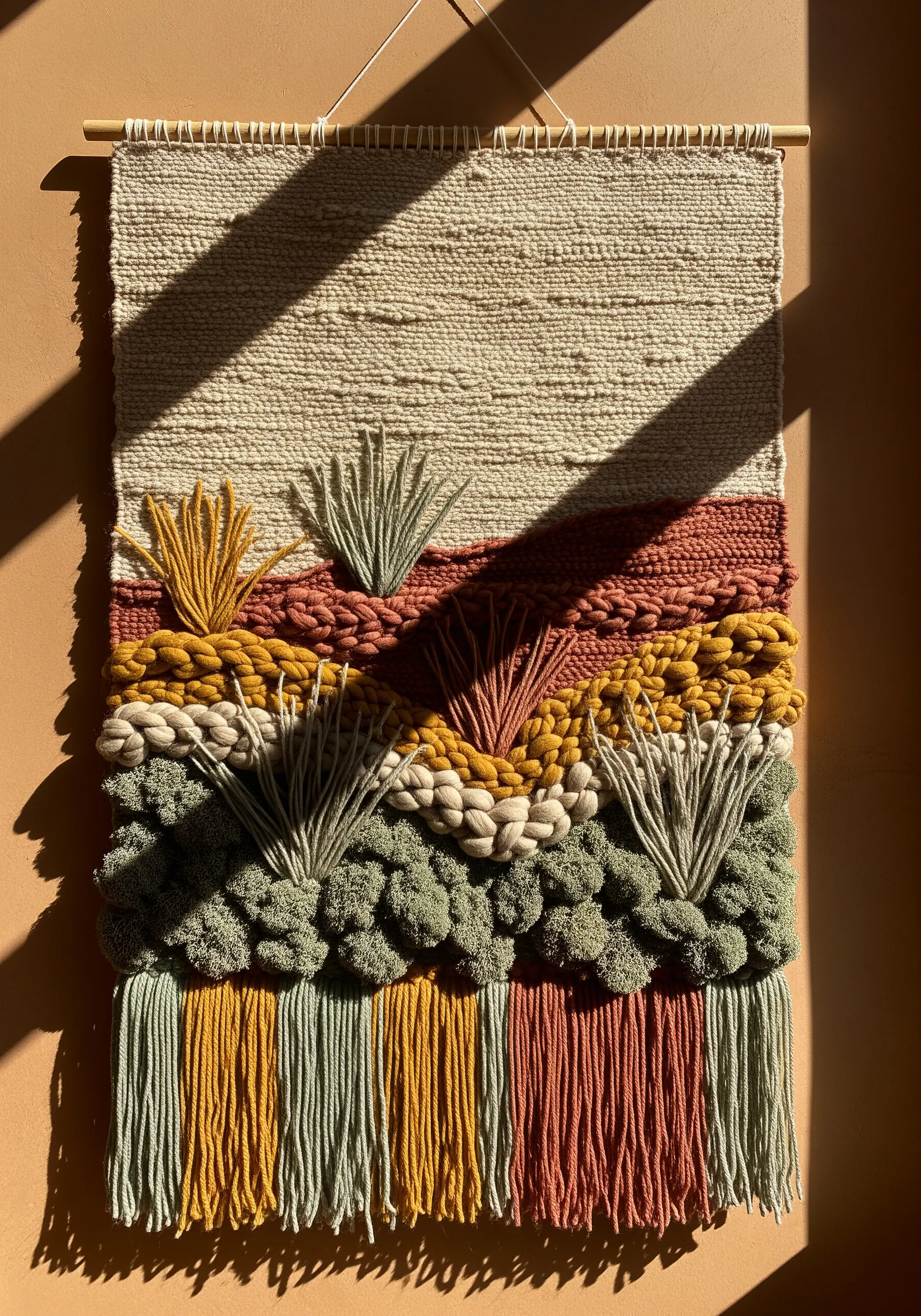 A woven wall hanging with sections of green moss-like texture and decorative tassels.