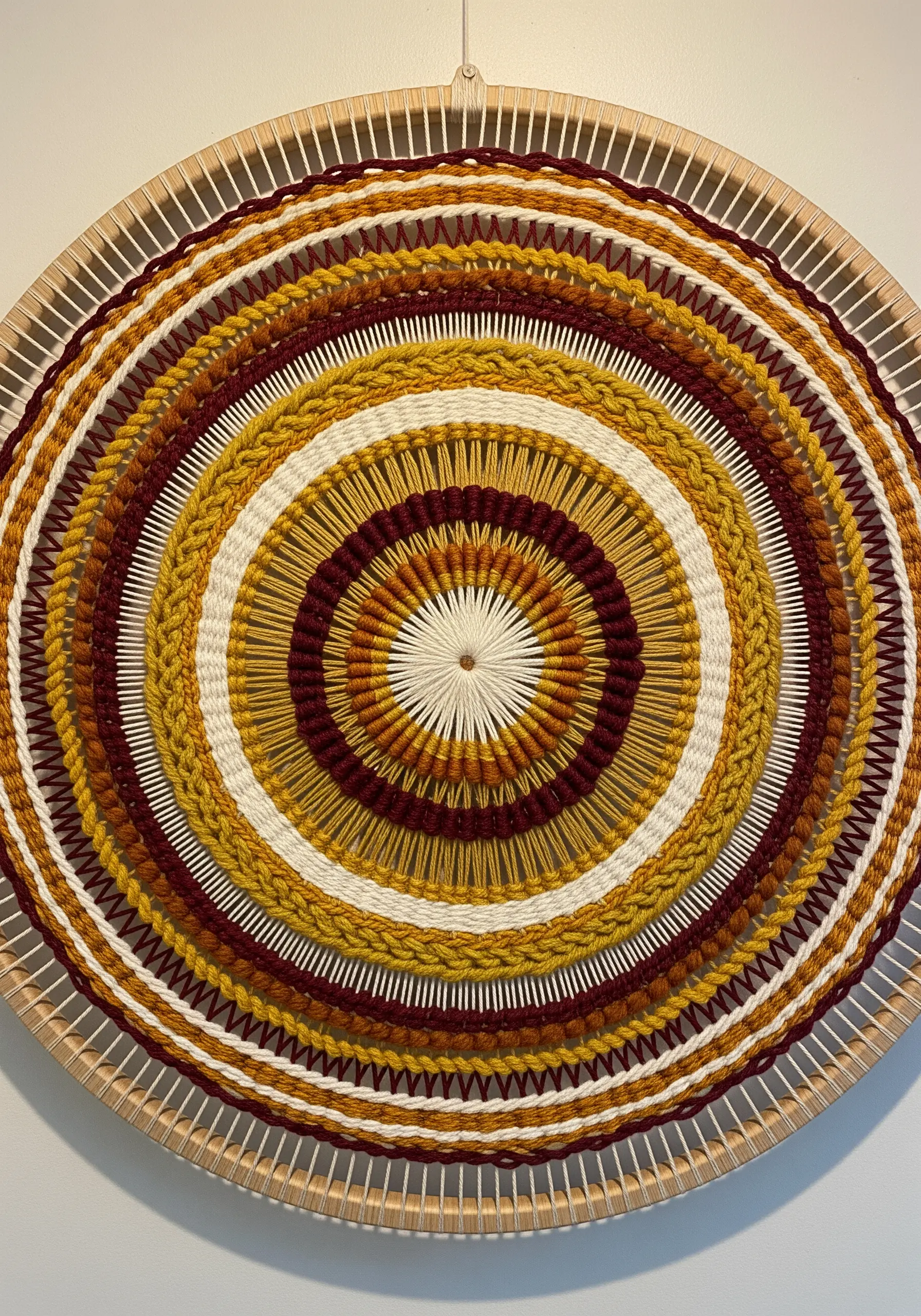 A circular weaving in warm earth tones of yellow, red, and brown on a hoop loom.