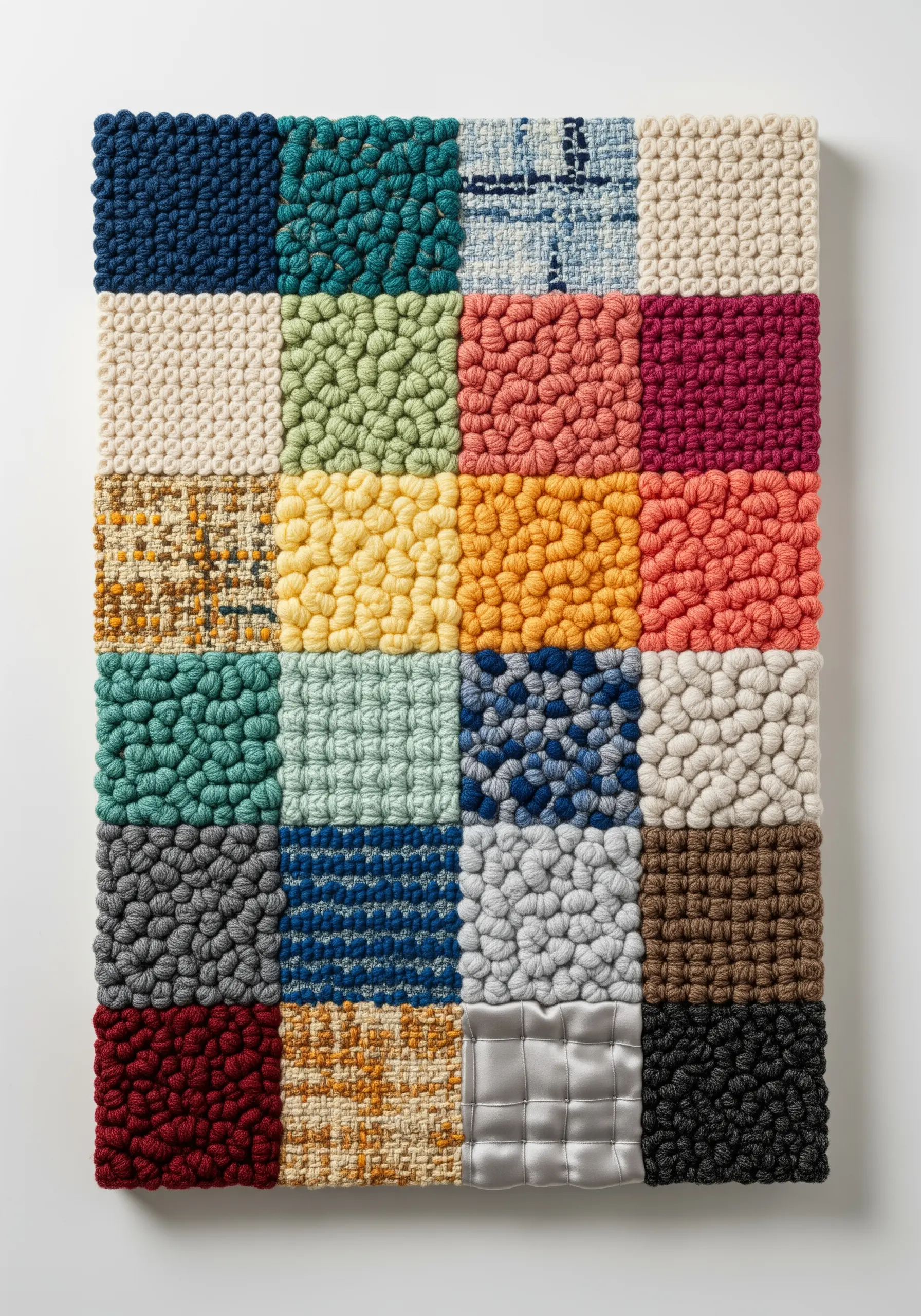 A grid of woven and knotted squares in various colors and textures, like a fiber art sampler.