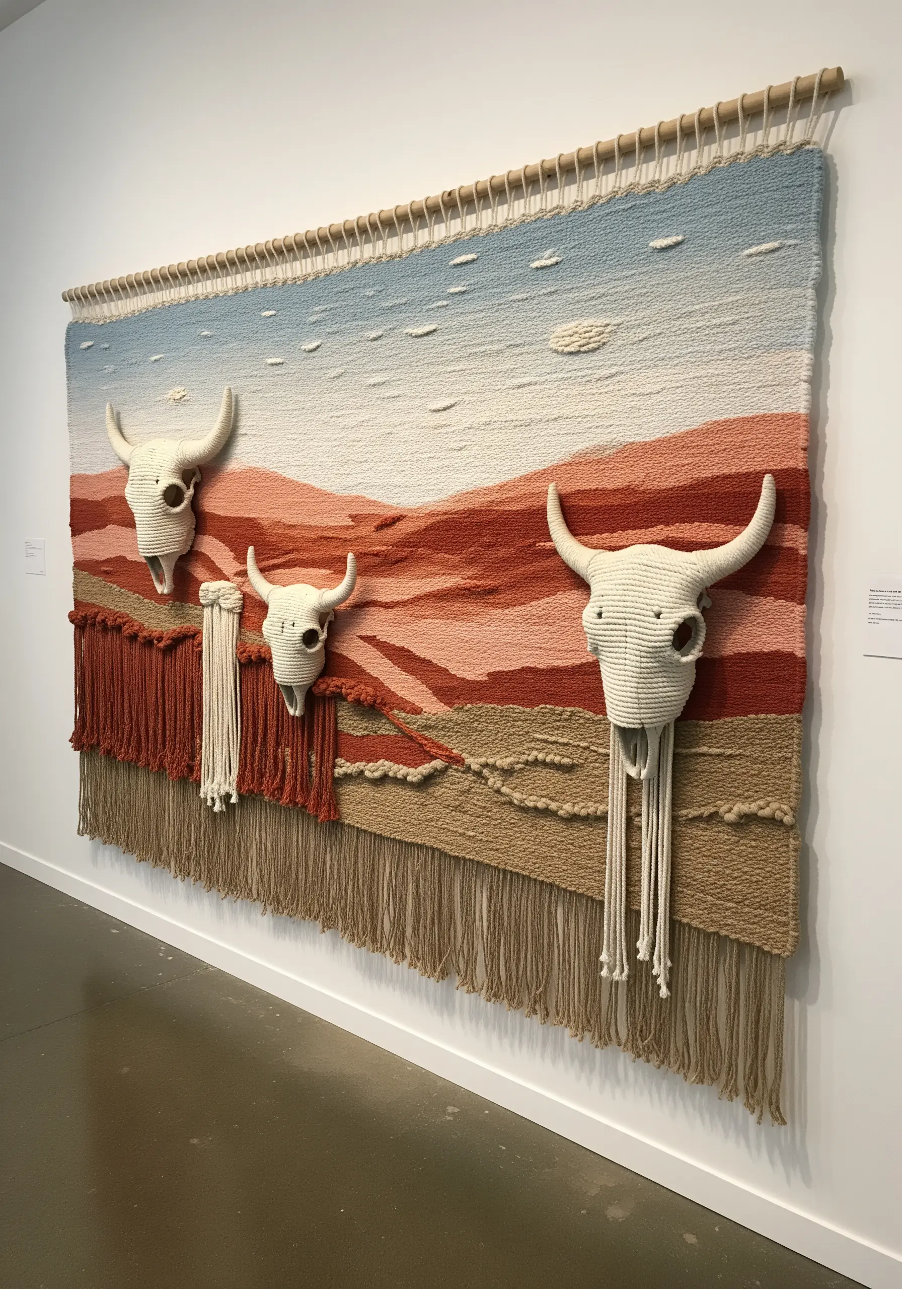 A woven wall tapestry of a desert landscape with three-dimensional woven cow skulls.