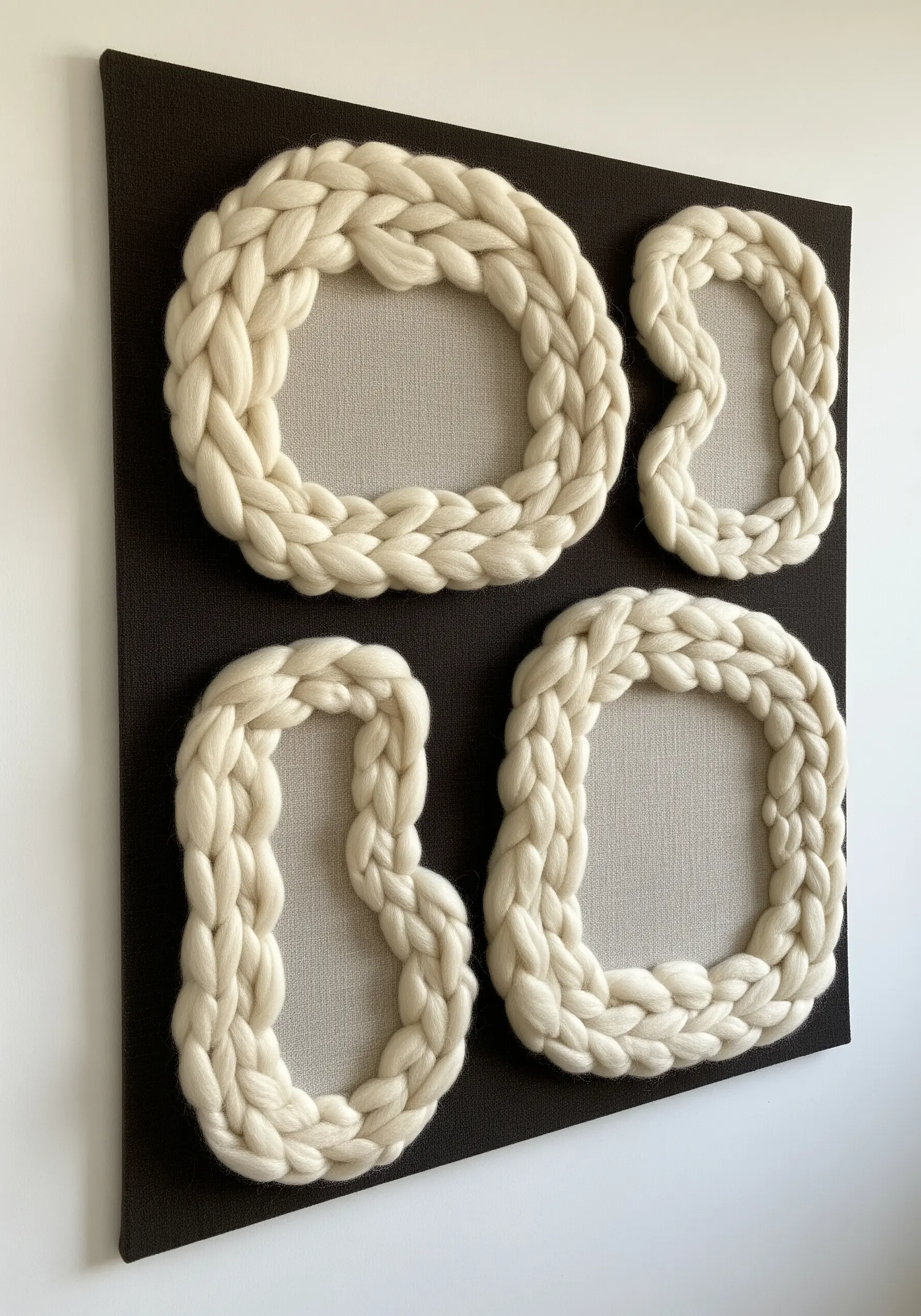 Abstract wall art made from chunky braided wool roving couched onto a dark canvas.