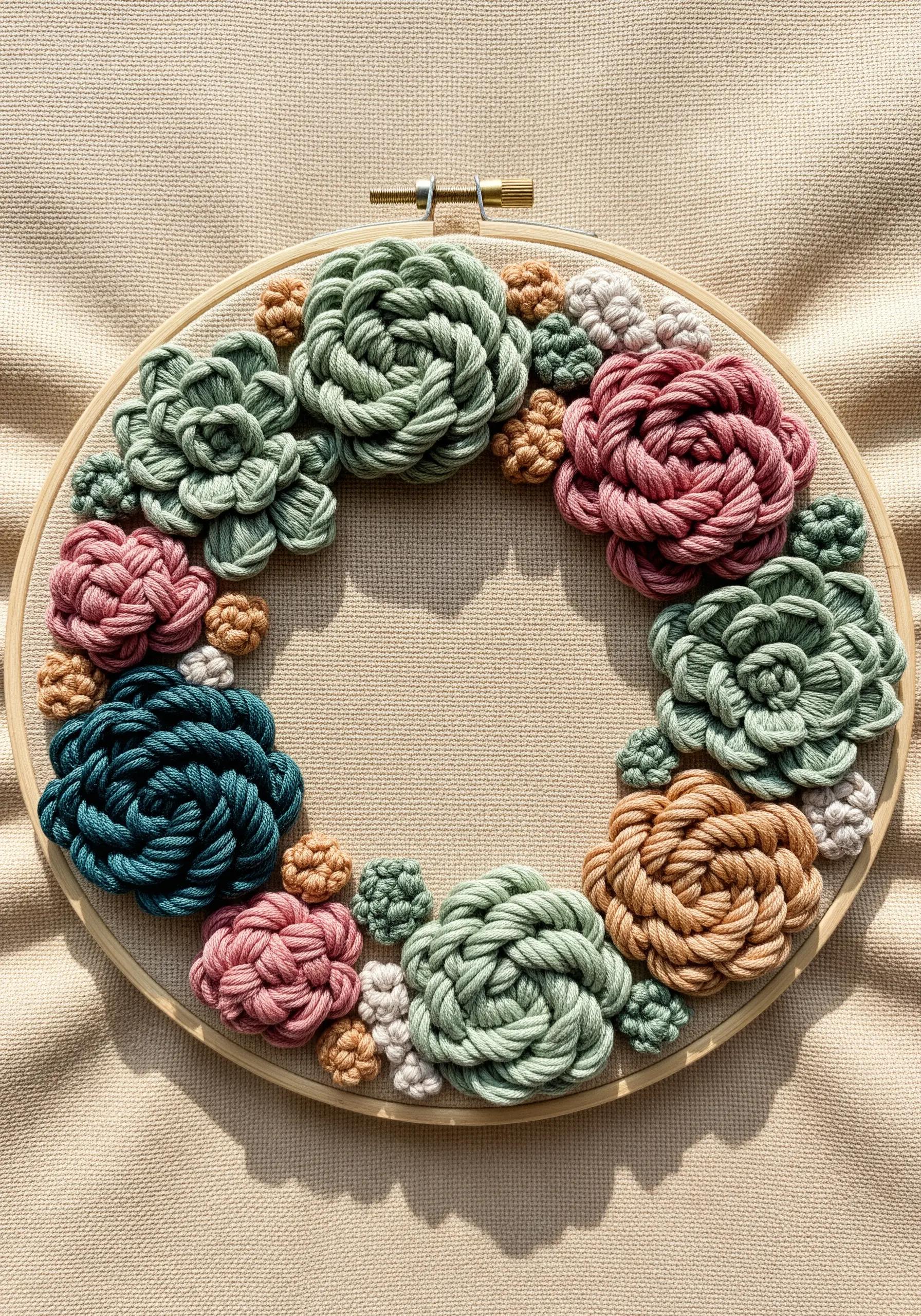 A highly textured wreath of woven wheel stitch flowers in muted earth tones.