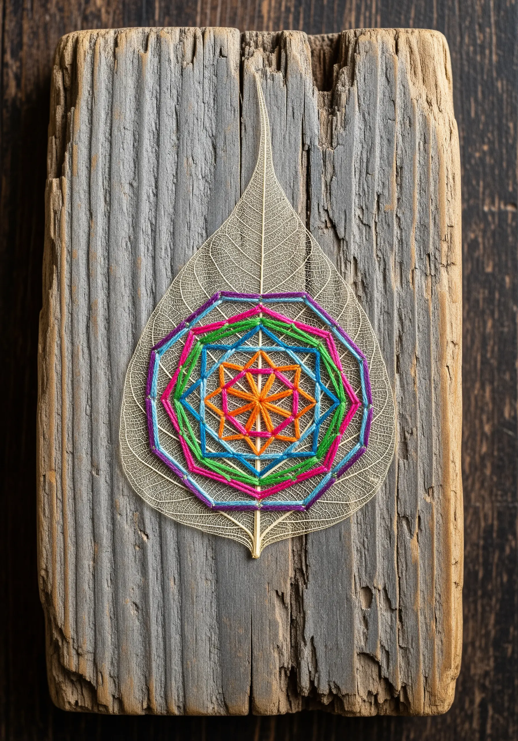 A colorful geometric mandala embroidered onto the delicate veins of a skeleton leaf.