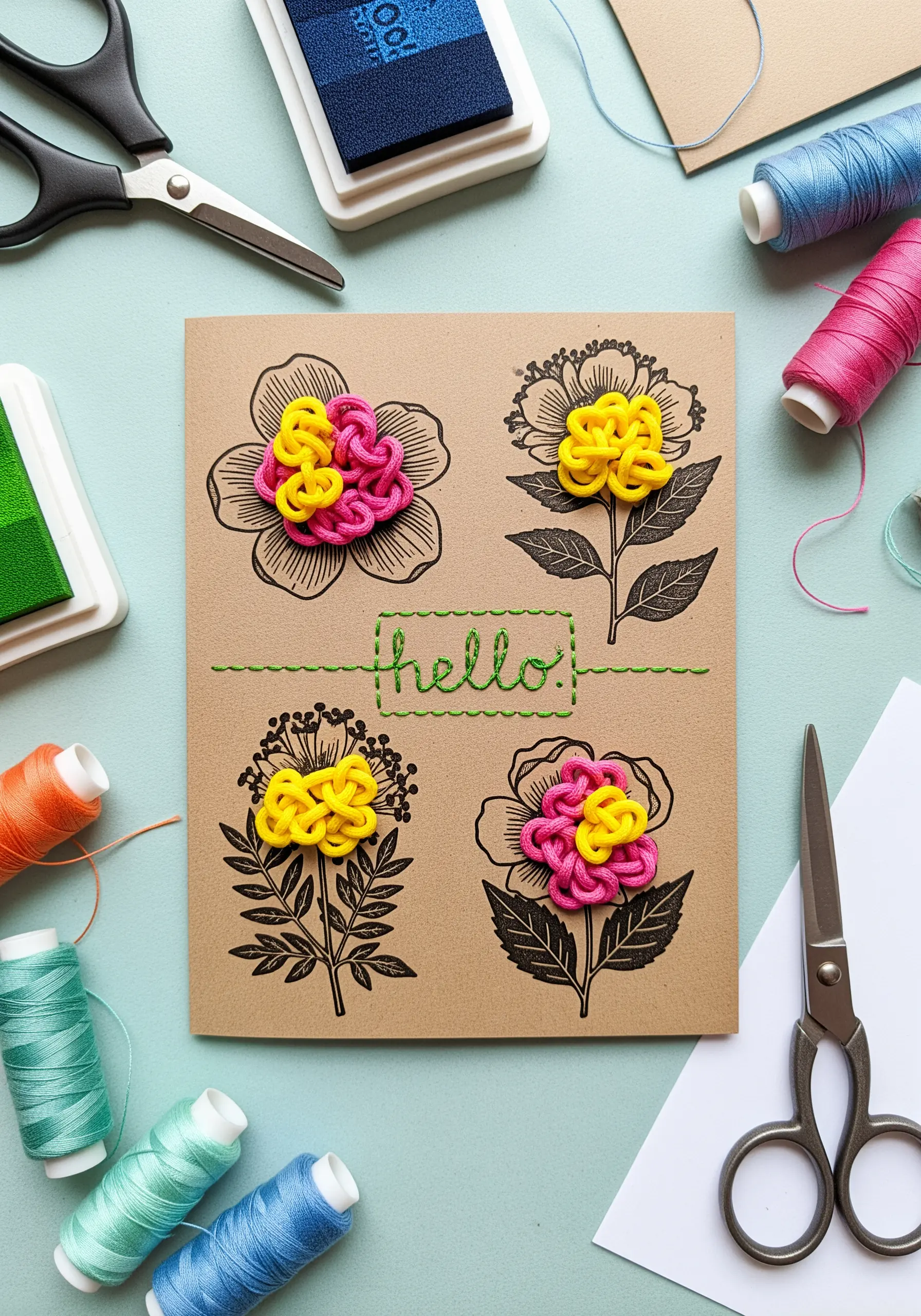 Stamped flowers on a card with brightly colored woven thread centers.
